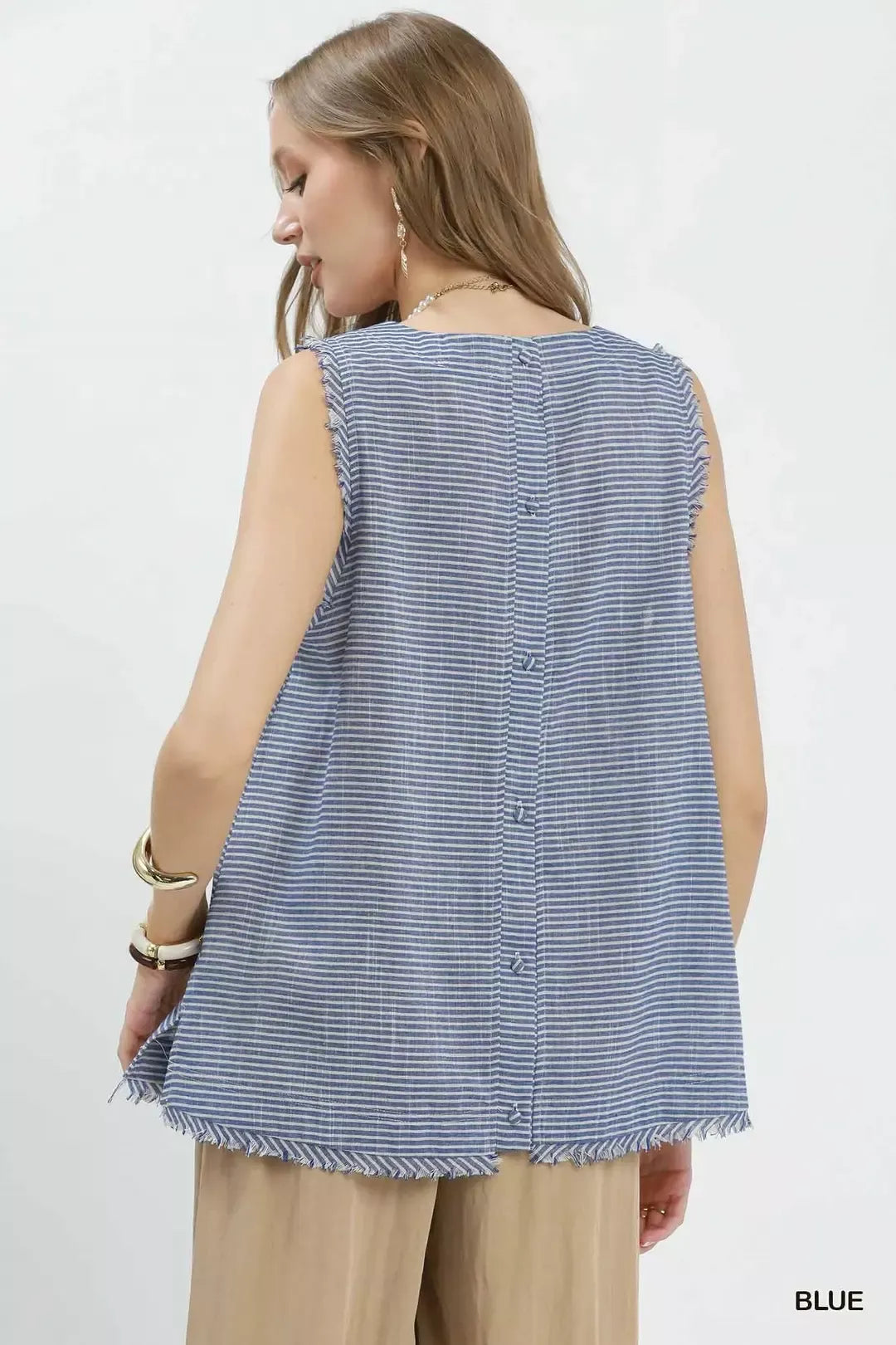Umgee Stripe Fringe Trim Sleeveless Top