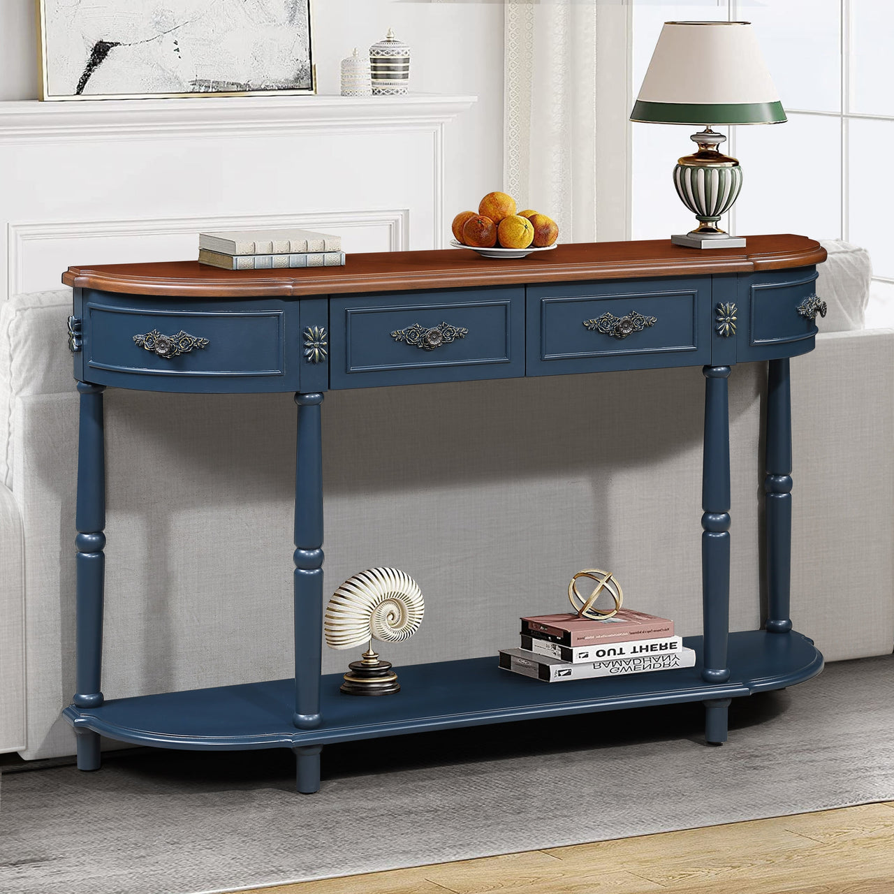 Retro Curved Wood Console Table, 52 inch Circular Half Moon Sofa Table with Open Shelf and 2 Drawers, Solid Wood Entry Table for Living Room, Hallway, Navy Blue + Brown Top
