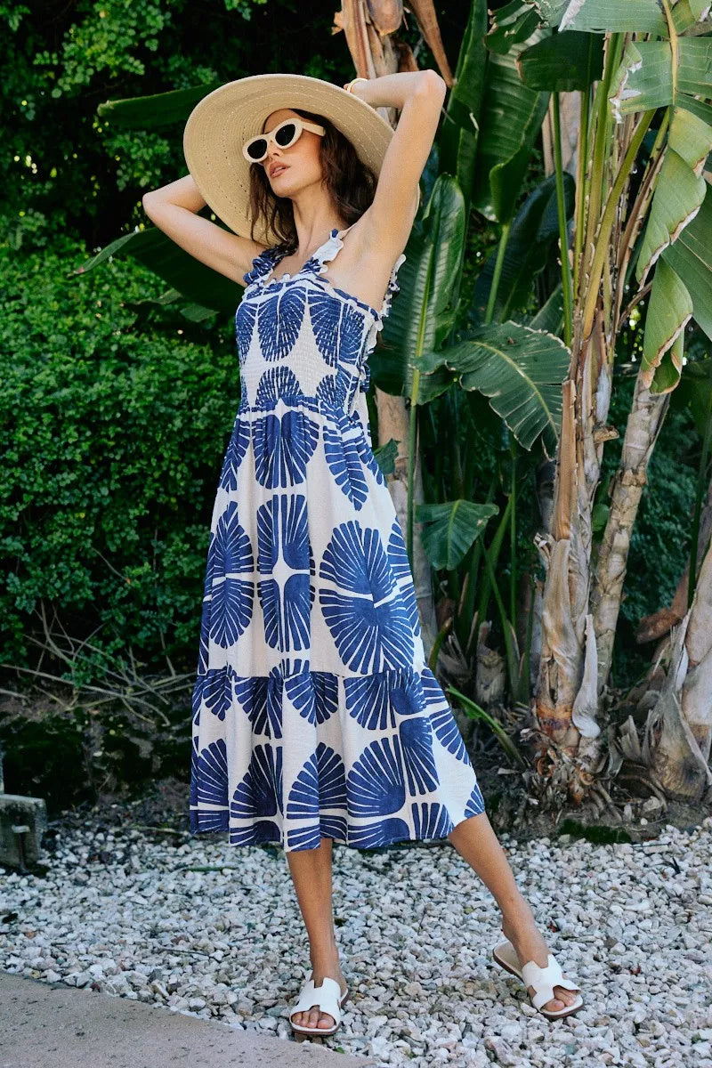 SO ME Abstract Print Smocked Bodice Tiered Lined Midi Dress
