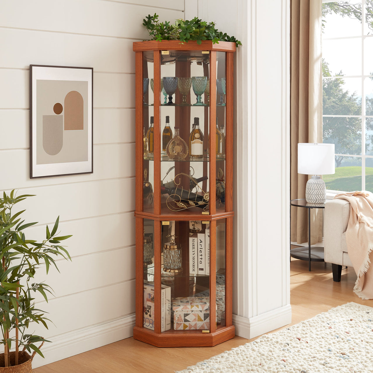 Corner Lighted Curio Cabinet Corner Glass Cabinet Lighted Curio Cabinet Corner Display Case for Living Room, Curio Cabinet, Antique collection, Wine,Bar Glass Storage Light Included,Dark oak