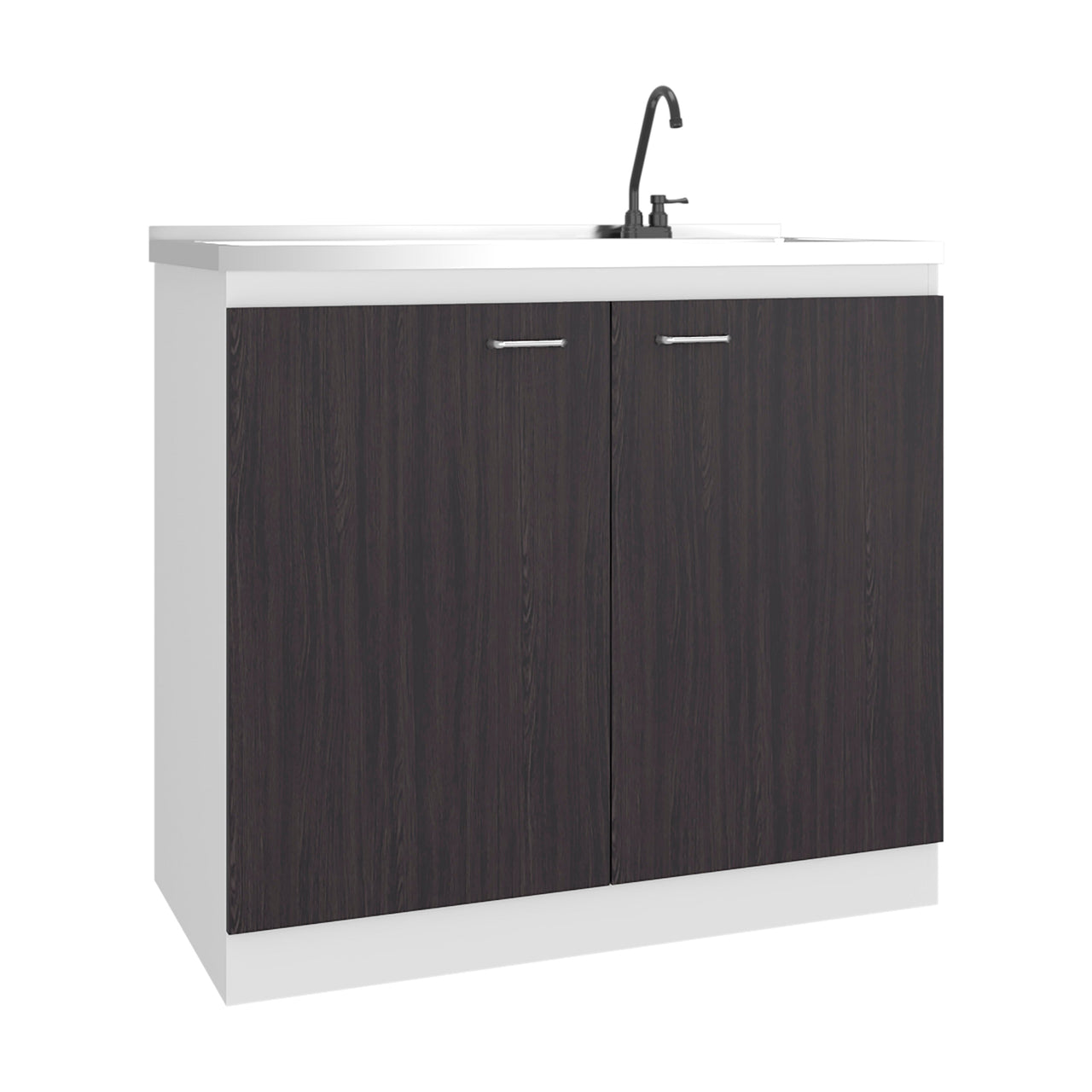 Napoles Utility Sink with Faucet Inclued and Integrated Stainless Steel Counter top, Freestanding cabinet with two doors, Metal Handles and Two interior shelves, Black & White Print