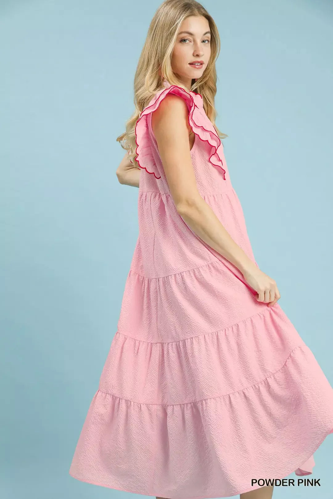 Umgee Seersucker Ruffle Sleeve Tiered Midi Dress