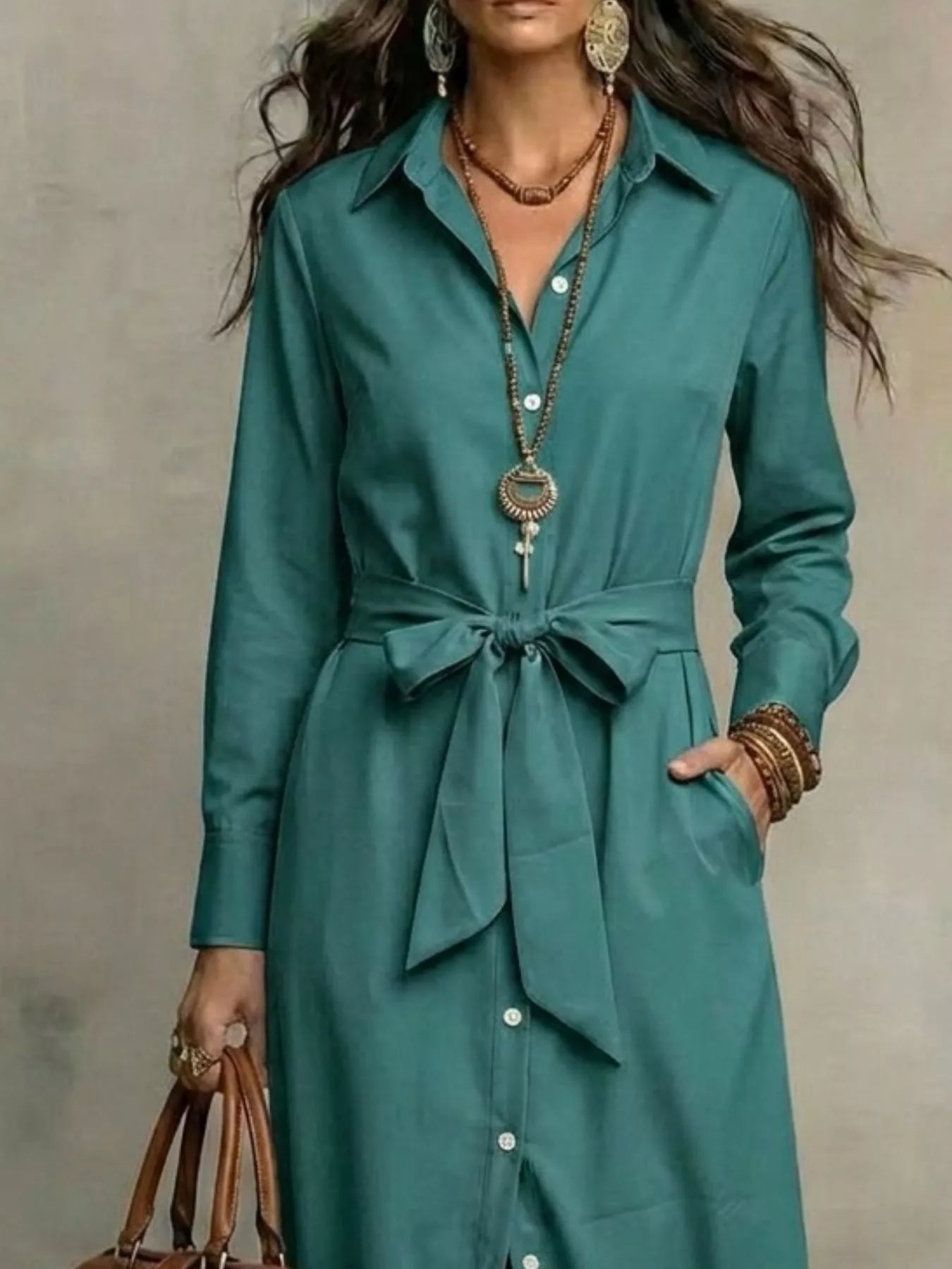 Full Size Tie Waist Long Sleeve Shirt Dress Plus Size