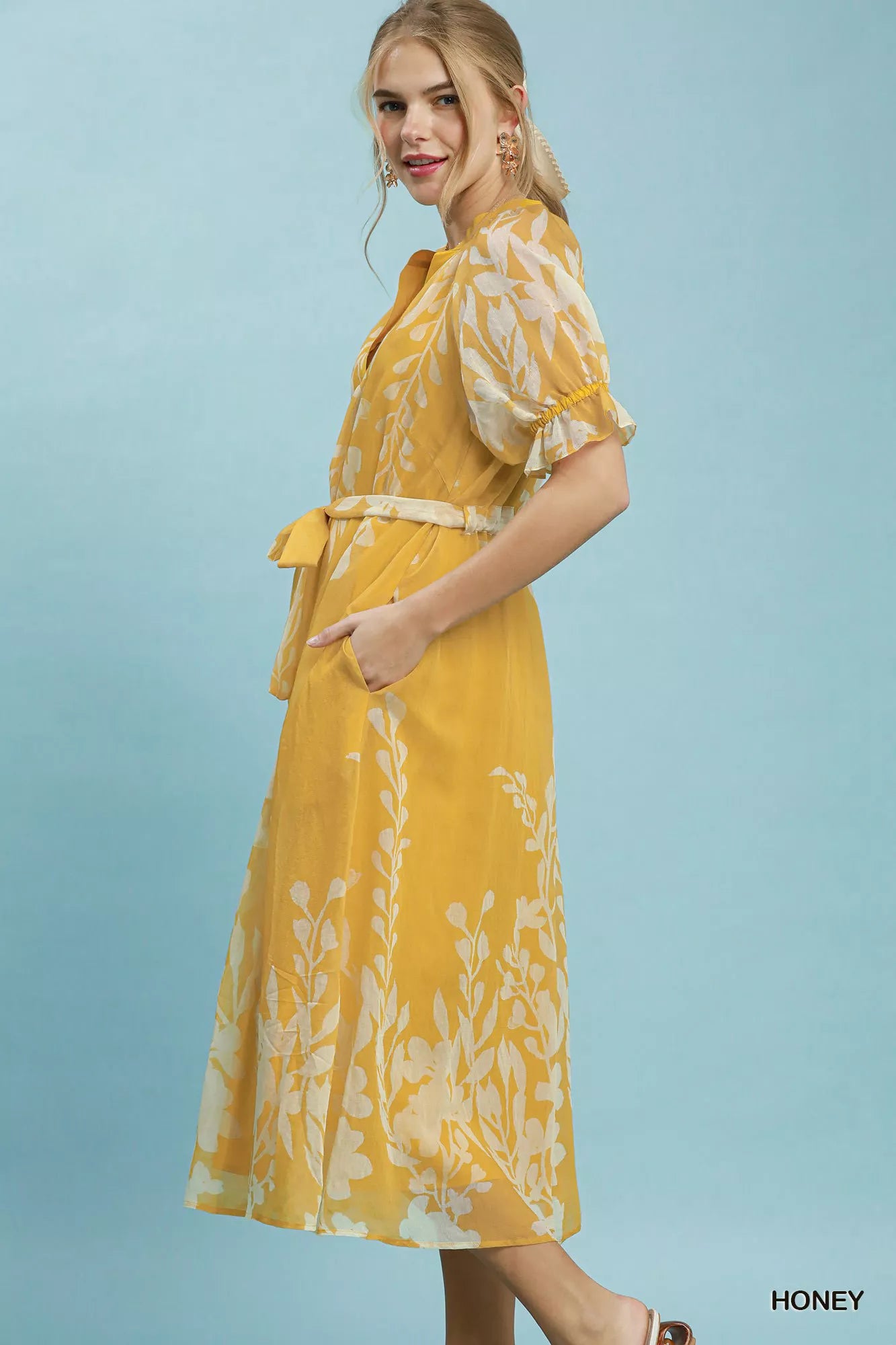 Umgee Floral Print Tie Waist Midi Dress with Side Pockets
