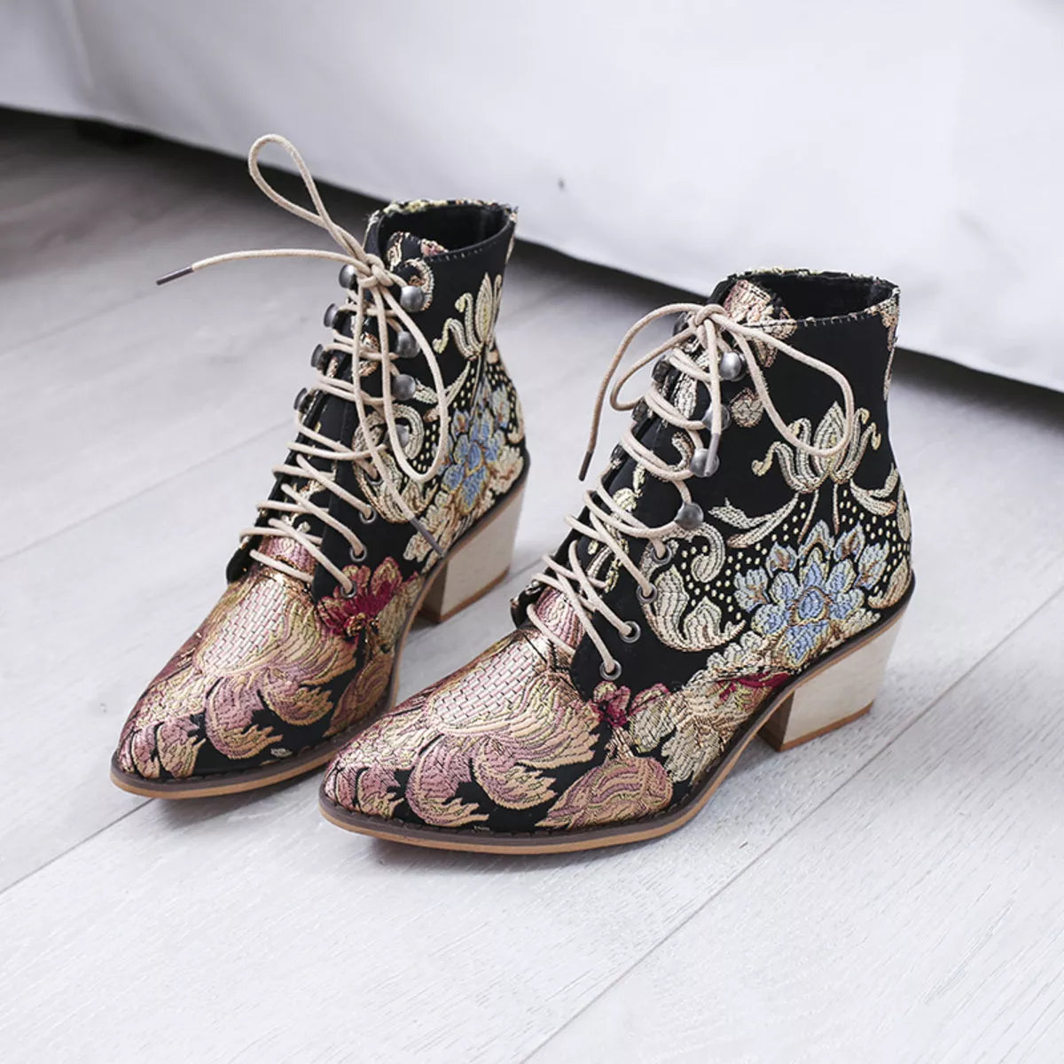 Embroidered Floral Lace-Up Ankle Boots