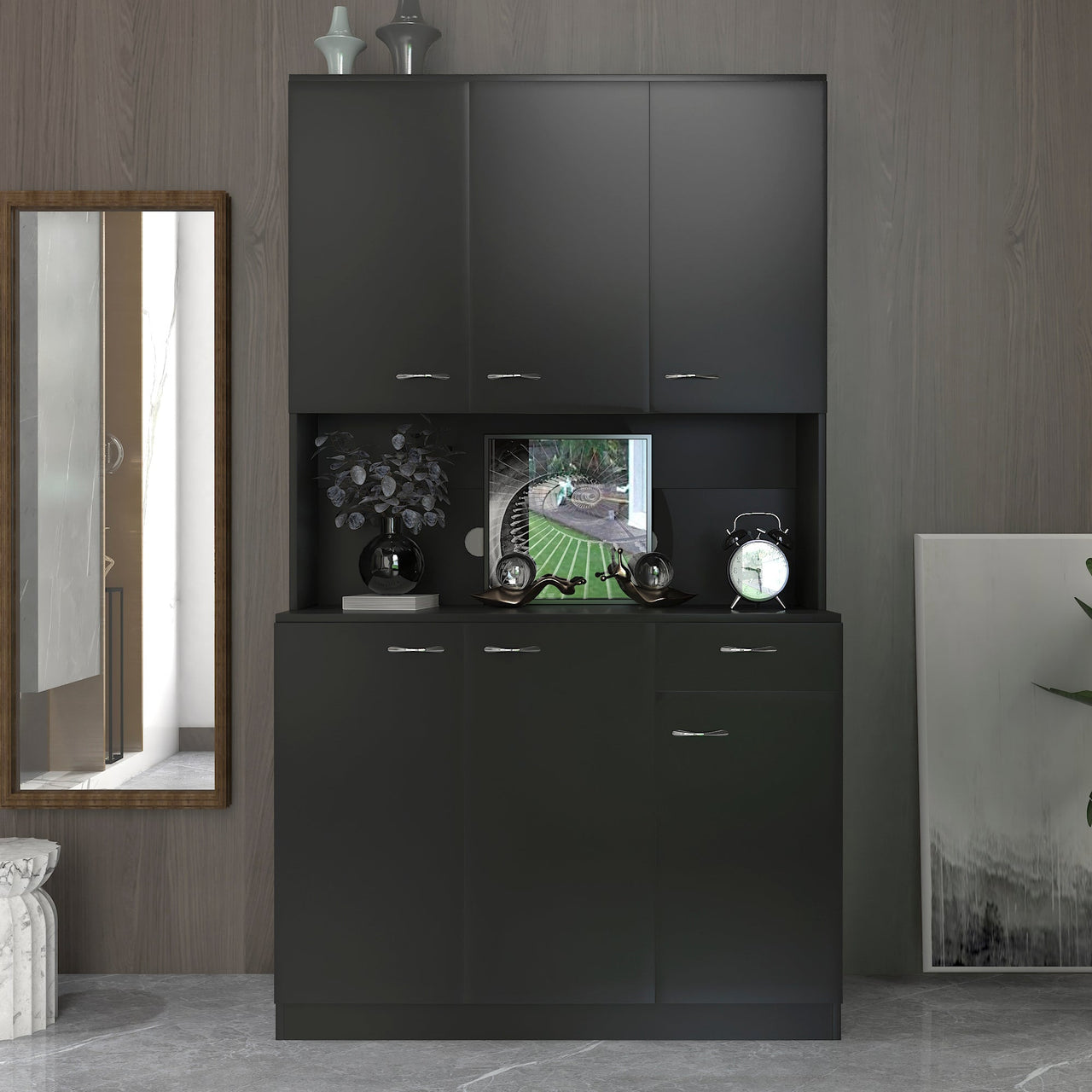 70.87' Tall Wardrobe& Kitchen Cabinet, with 6-Doors, 1-Open Shelves and 1-Drawer for bedroom,Black