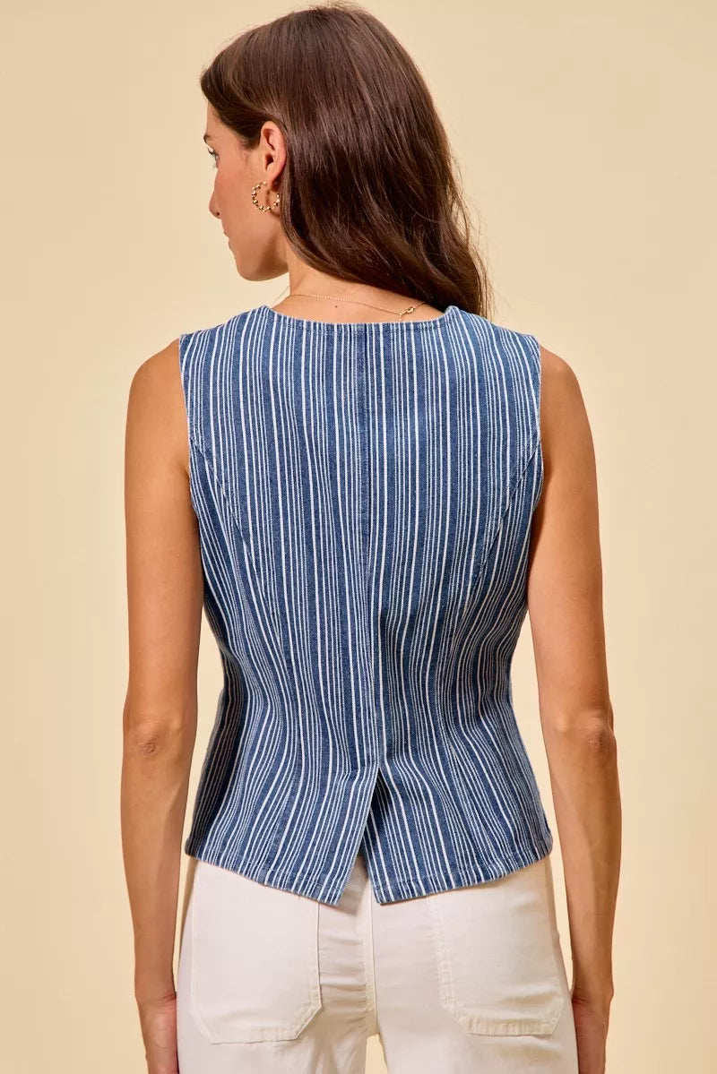 SO ME Stripe Slim Fit Button Front Denim Vest Top