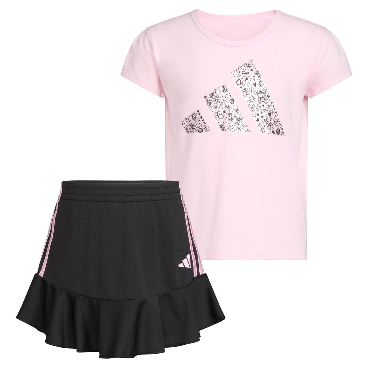 adidas Girls 2 Piece Ruffle Skort & T-Shirt Skirt Set Light Pink & Black