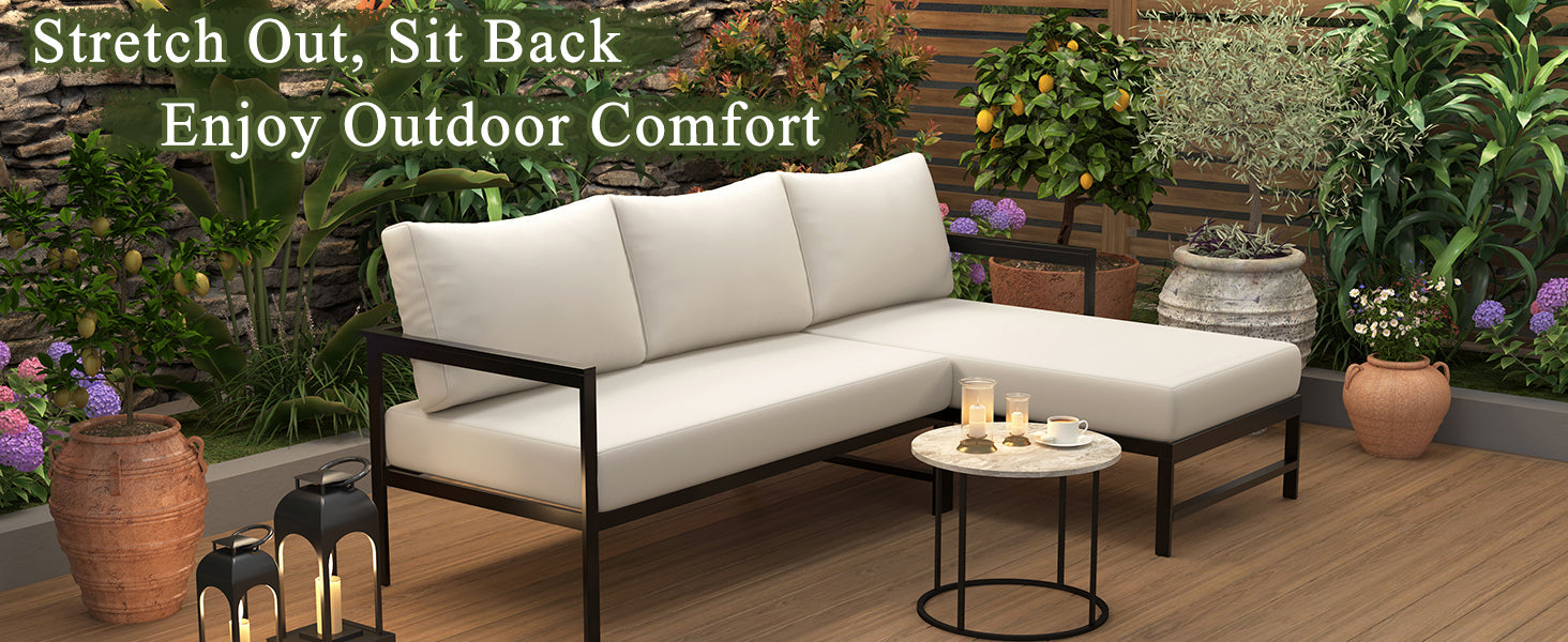 U_style Outdoor L-Shaped Sofa with Iron Frame,Weather-Resistant Patio Sofa Set with Ultra-Thick Cushions,Comfortable Seating for 3,Ideal for Patio, Balcony,and Garden