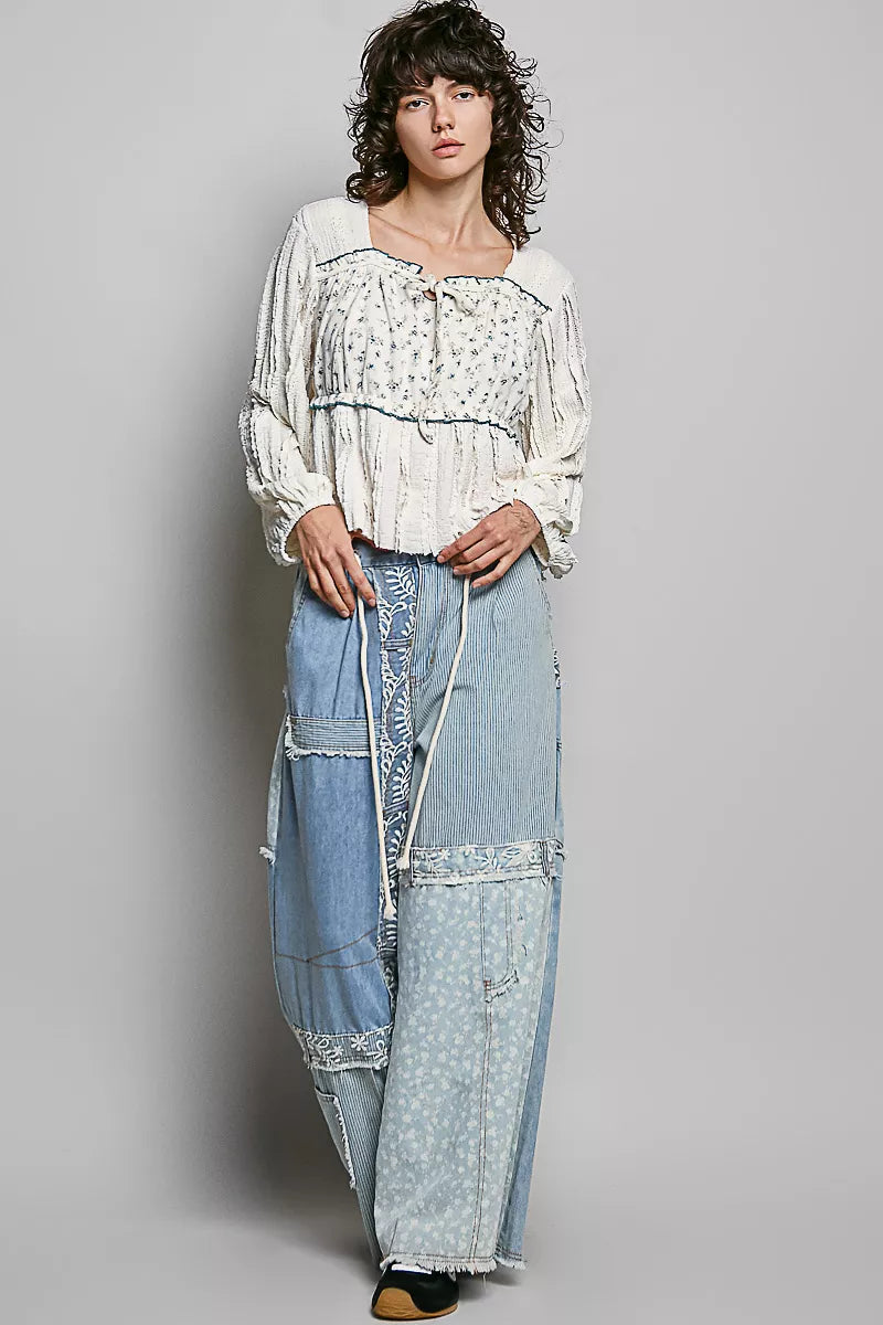 POL Square Neck Lace Long Balloon Sleeve Top