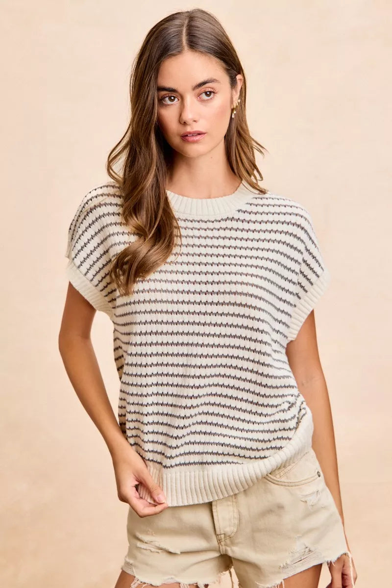 BiBi Pointelle Stripes Sleeveless Drop Shoulder Lightweight Sweater Top