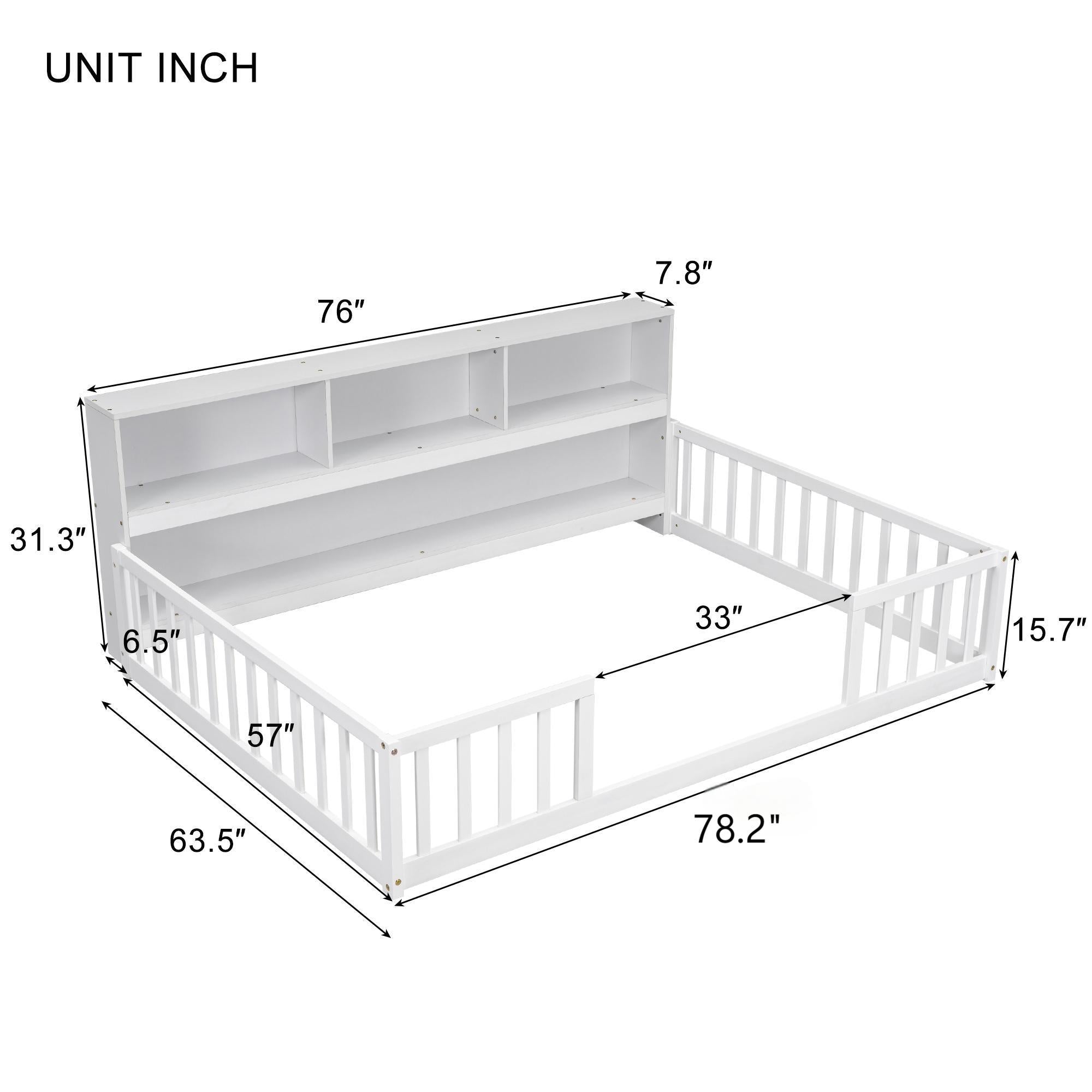 Full Floor Bed with Side Bookcase,Shelves,Guardrails,White