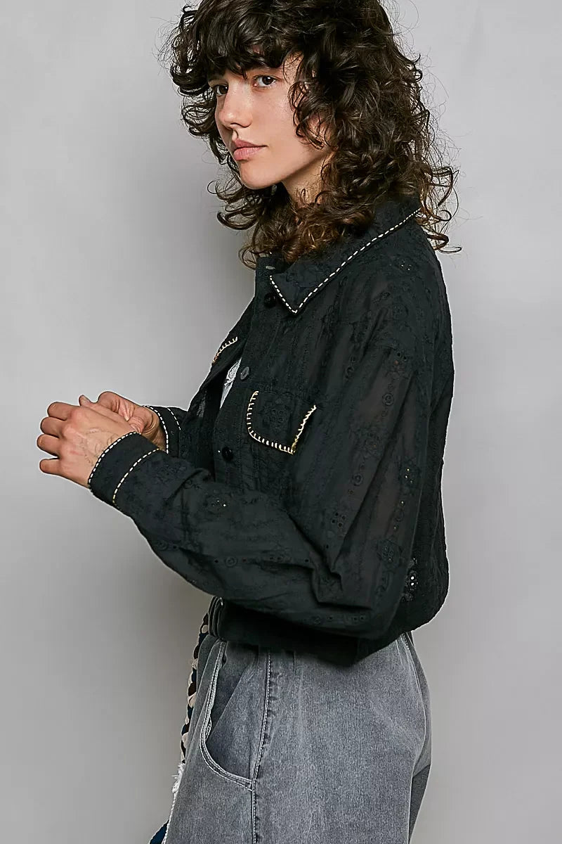 POL Cropped Button-Front Eyelet Cotton Jacket