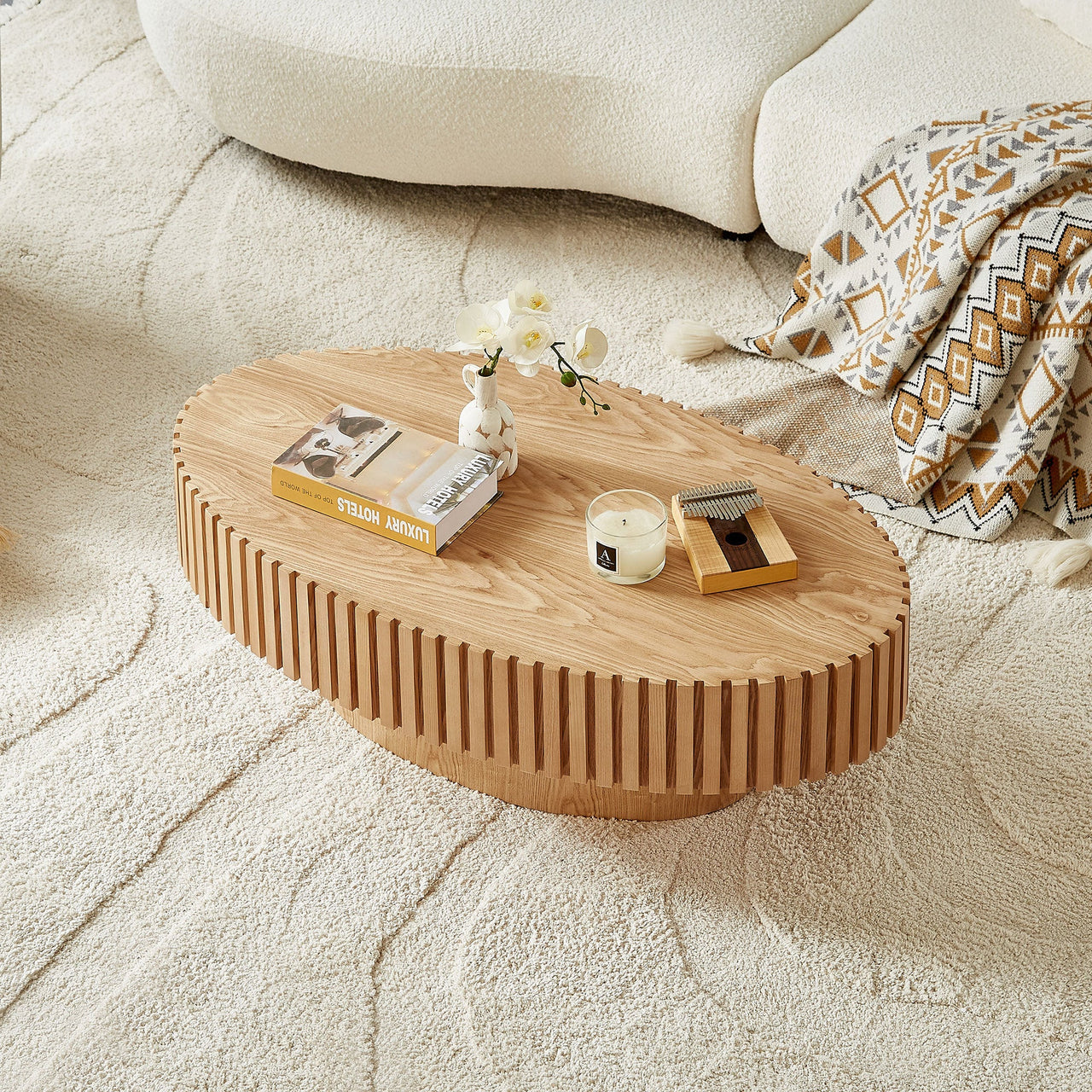 Modern Handcraft Drum Coffee Table Length 43.7 inch Ellipse Coffee Table for Living Room,Oval Small Coffee Table with Sturdy Pedestal,Natural Ash MDF