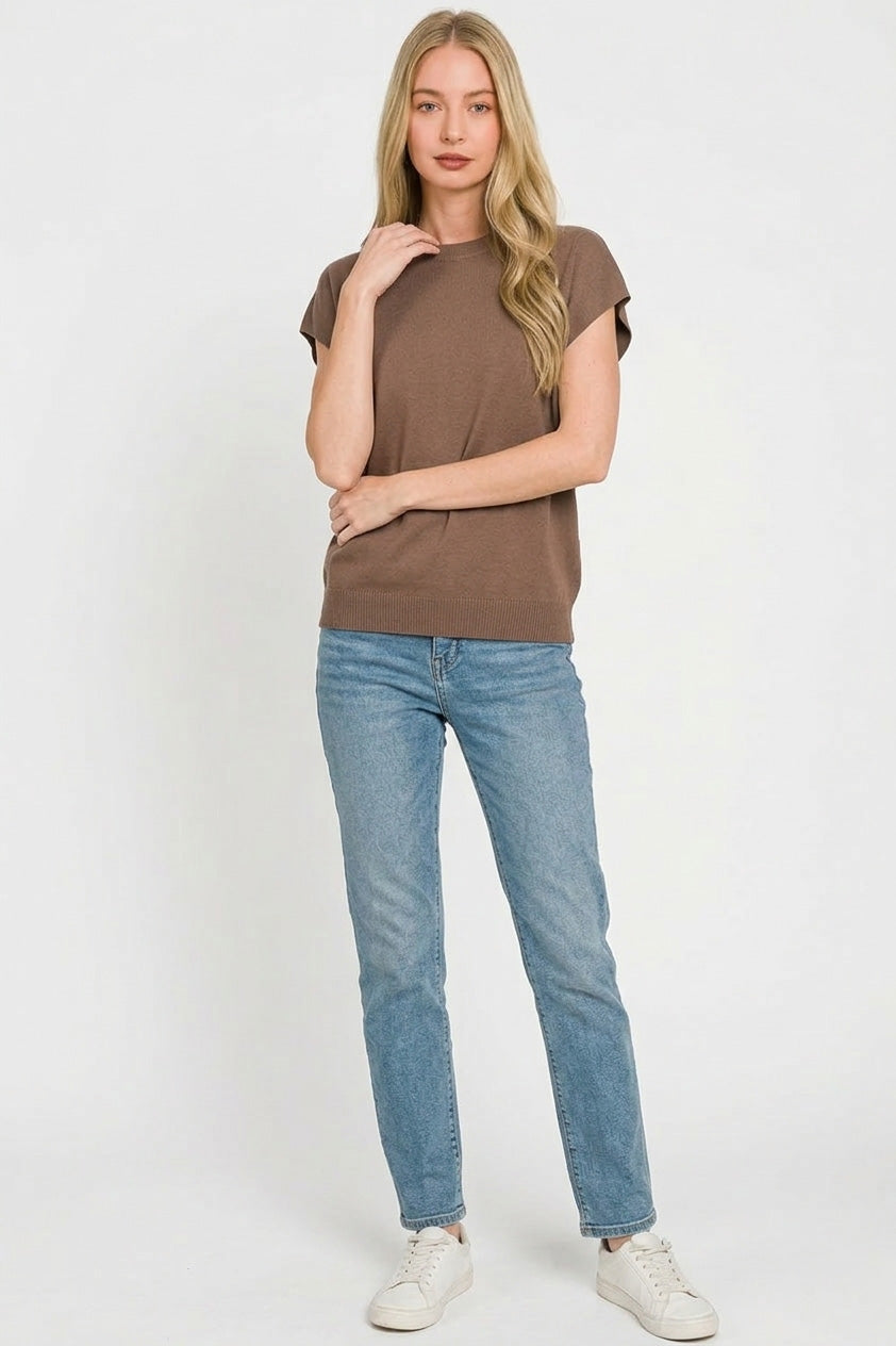 Zenana Viscose Round-neck Short Sleeve Sweater