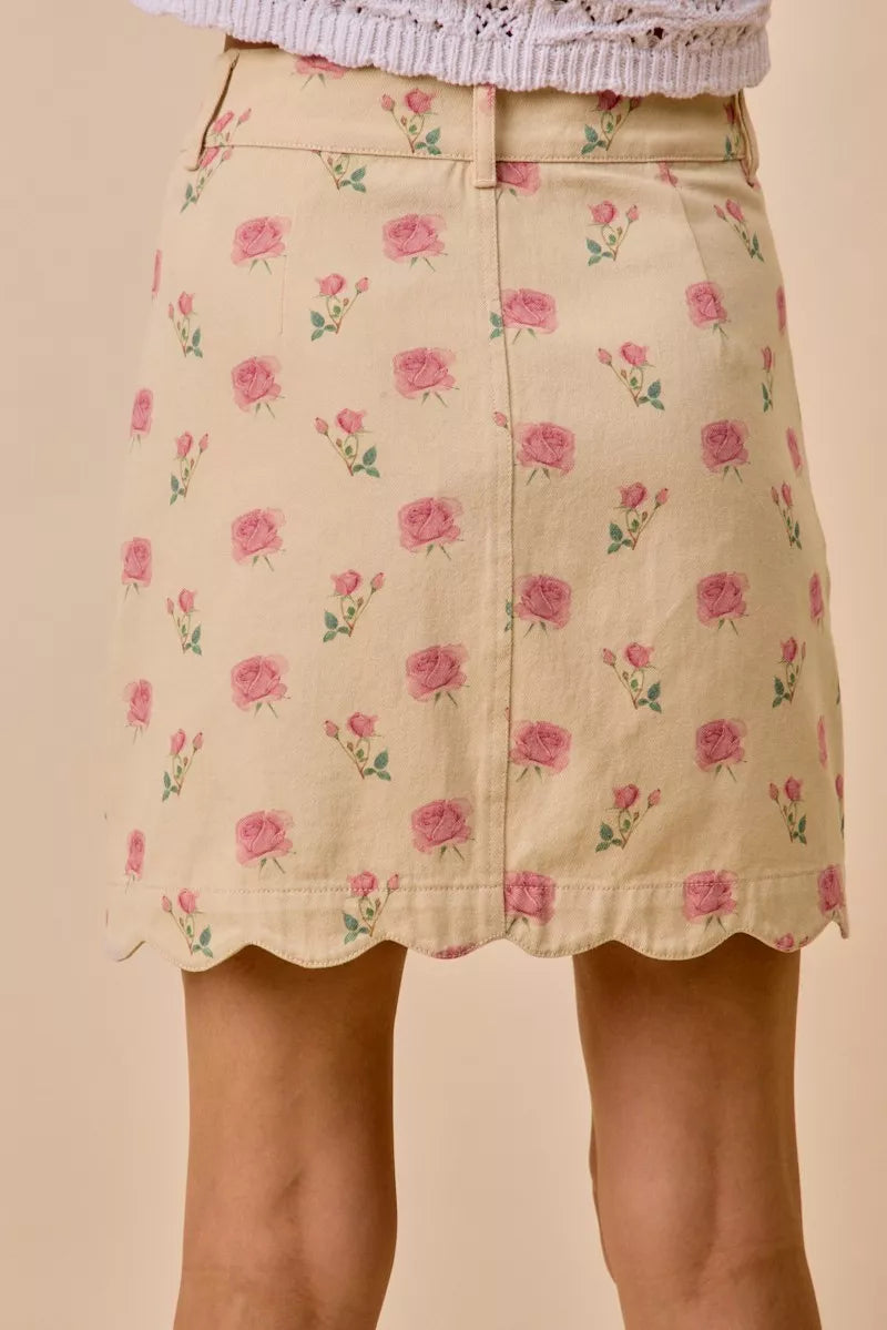 SO ME Floral Rose Print Cotton Twill Scallop Mini Skirt