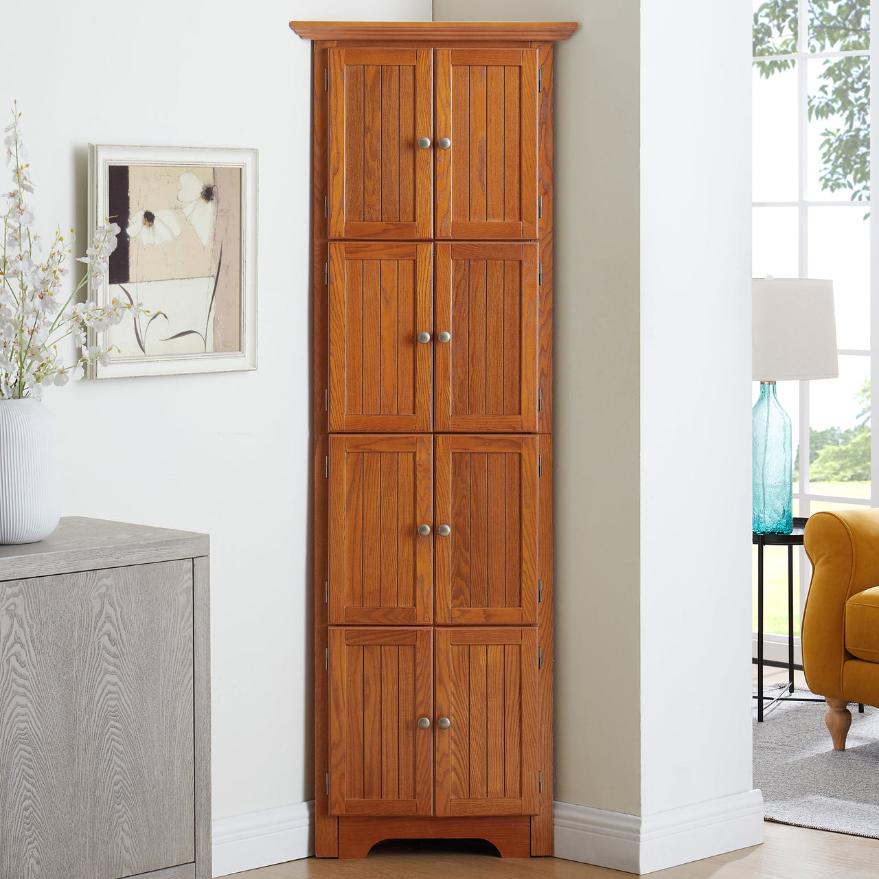 4-Tier 72' Corner Kitchen Pantry Storage Cabinet with 8 Doors Tall Storage Cabinet, Corner Cabinet and Shelves, Home farmhouse bookshelf Cabinet for Bathroom, Living room, Kitchen OAK