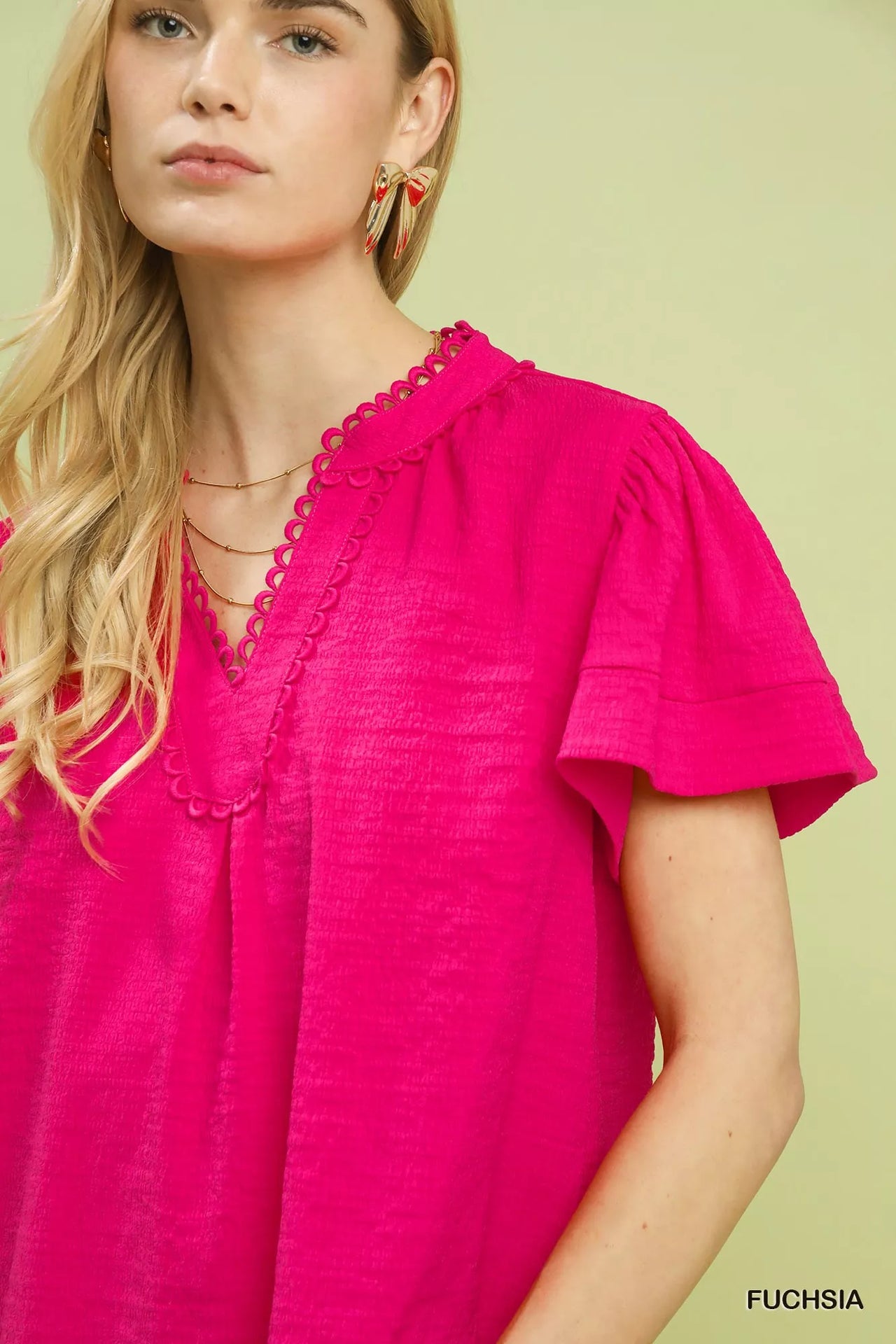 Umgee Seersucker Short Sleeve Top with Lace Trim