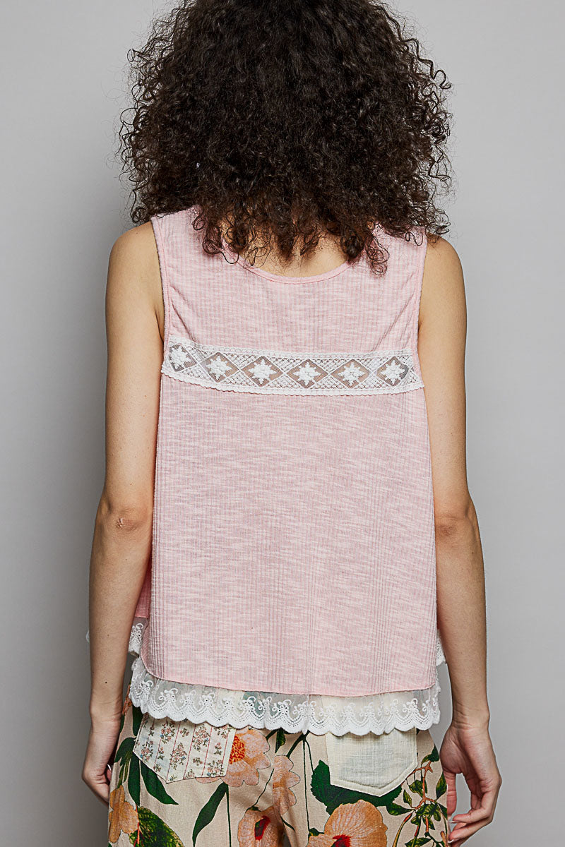 POL Lace Trim Ruffle Hem Button Detail Round Neck Sleeveless Top