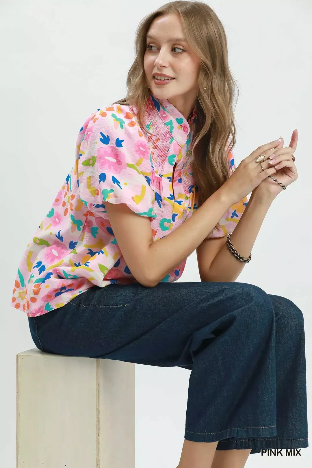 Umgee Folk Art Print Top with Smocked Detail