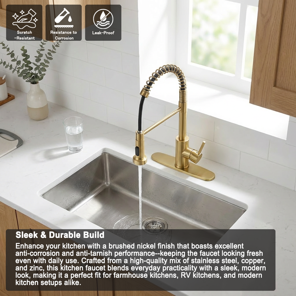 Kitchen Faucet with Pull Down Sprayer Industrial 1 Handle 1 Hole Or 3 Hole Faucet for Farmhouse Camper Laundry Utility Rv Wet Bar Sinks, Stainless Steel, Brushed Gold