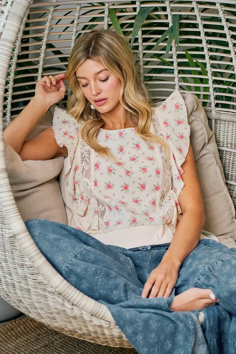 BiBi Flower Printed Ruffle Sleeve Trim Detail Top