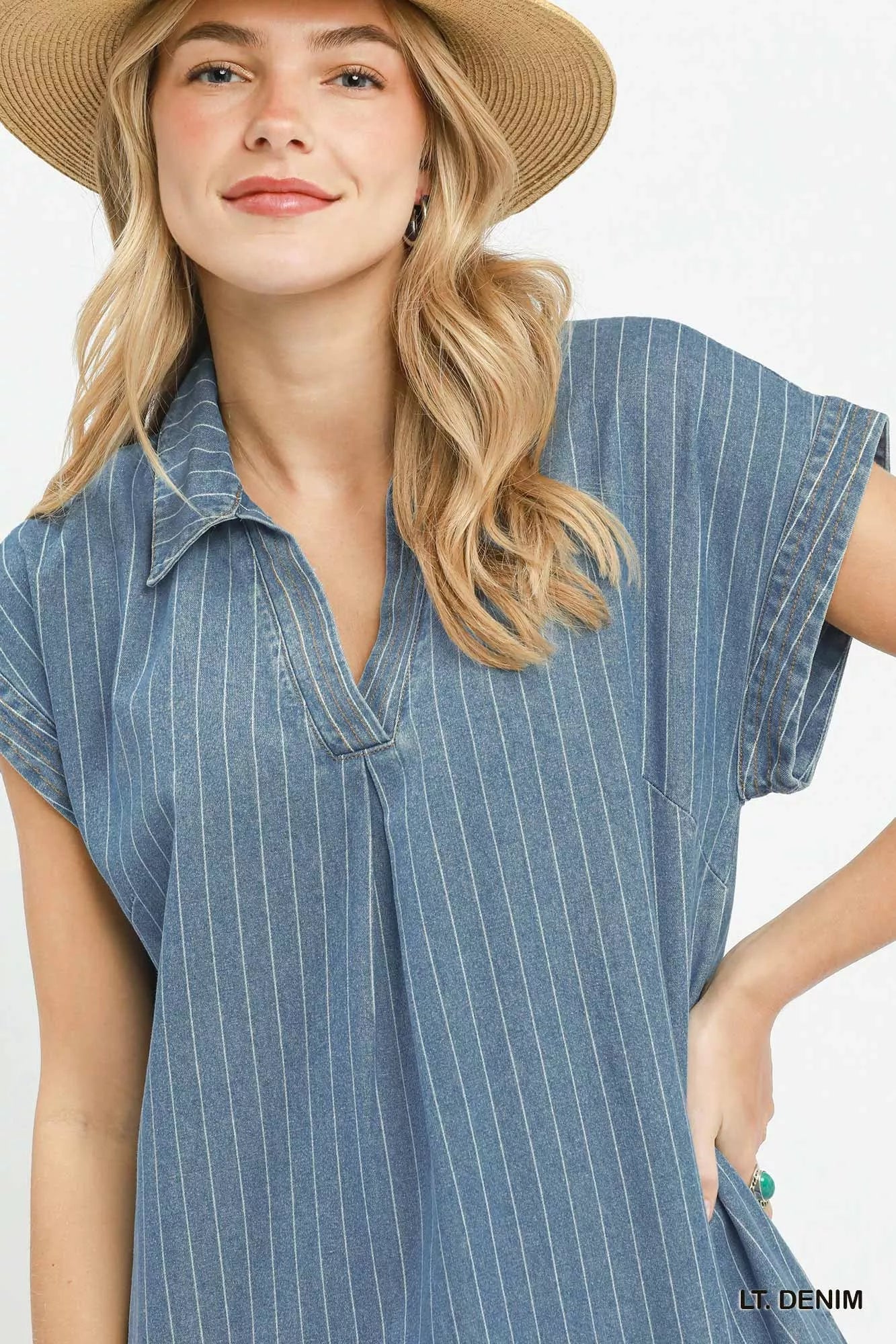 Umgee Pinstripe Denim Collared Midi Dress with Side Slits