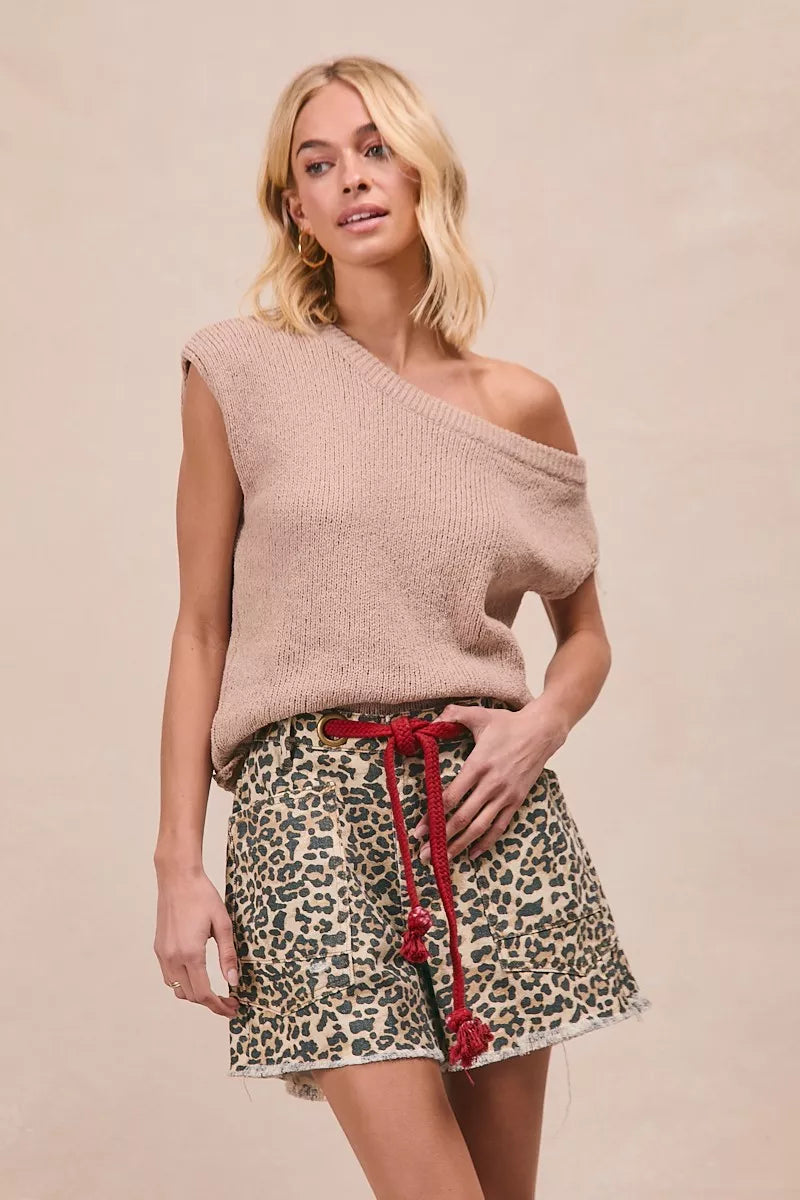 BiBi Braided Waist Belt Patch Pockets Leopard Print Shorts