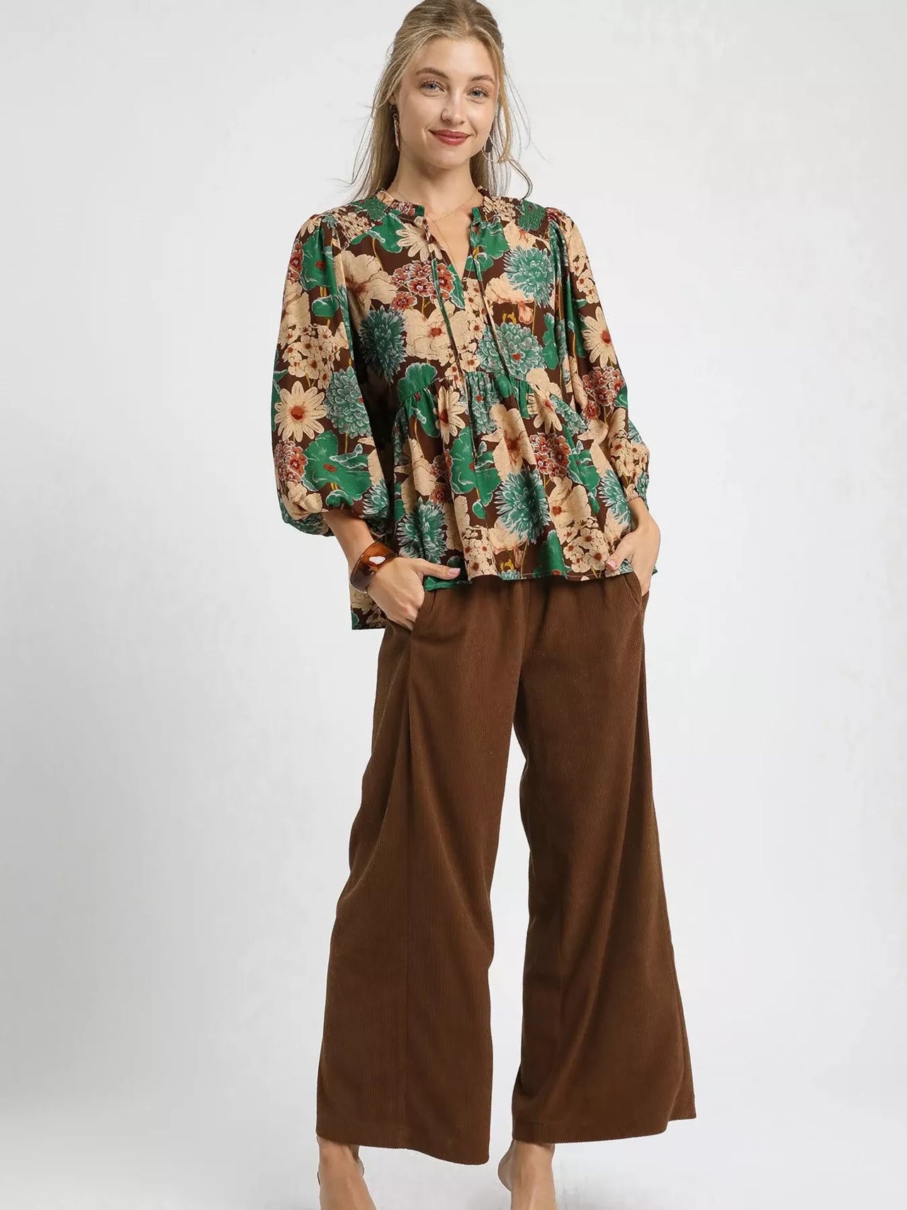 Umgee Mix Floral Peplum Blouse with Tie Neck