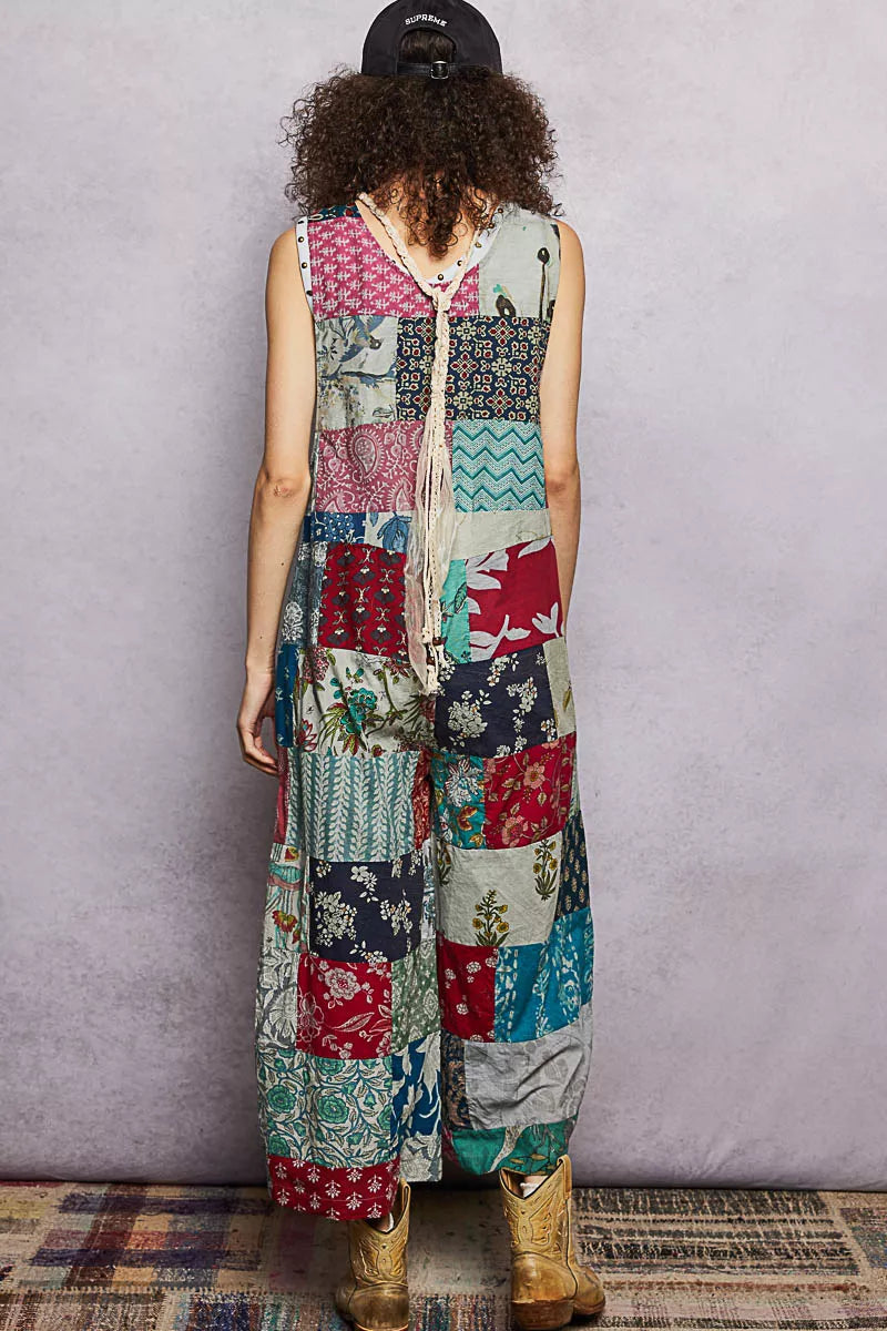 POL Sleeveless Patchwork Wide Leg Jumpsuit
