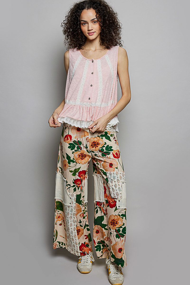 POL Lace Trim Ruffle Hem Button Detail Round Neck Sleeveless Top