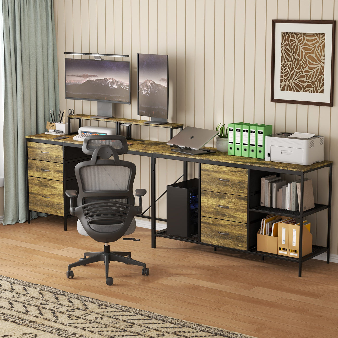 Industrial L-Shaped Computer Desk with Power Outlets & USB-C, Rustic Brown Metal Frame, 6 Fabric Drawers, 3 Open Shelves, Movable Monitor Stands, 114 Inch Corner Office Desk for Gaming and Work