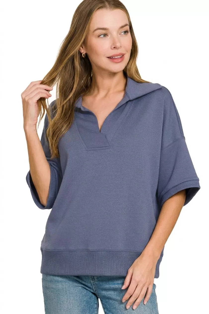 Zenana Scuba Collared Short Sleeve Pullover