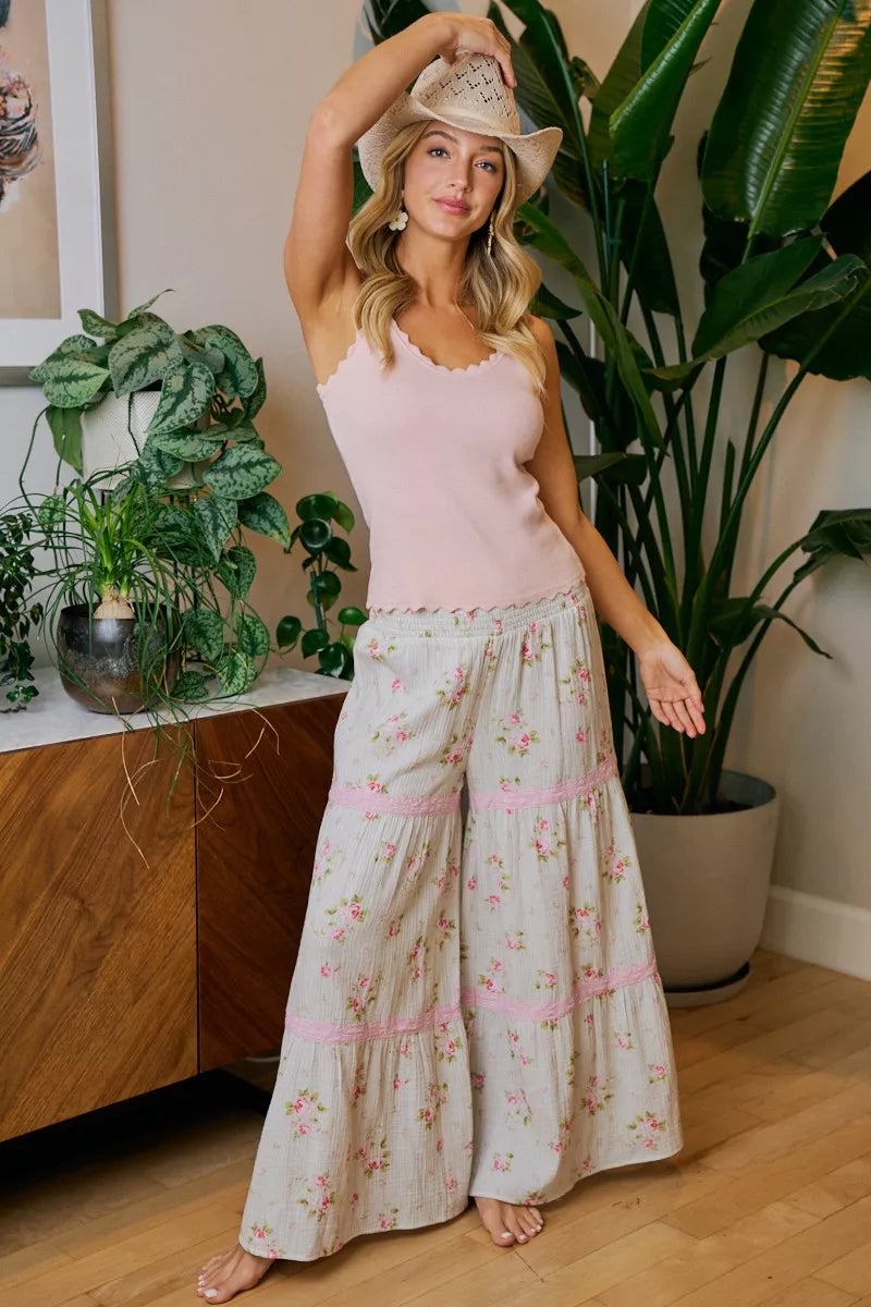 BiBi Rose Printed Gauze Trim Detail Smocked Maxi Pants