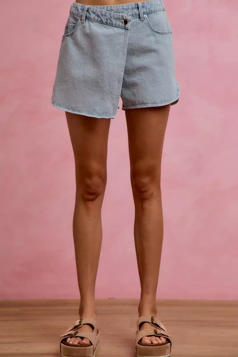 SO ME Washed Denim Wrap Skorts
