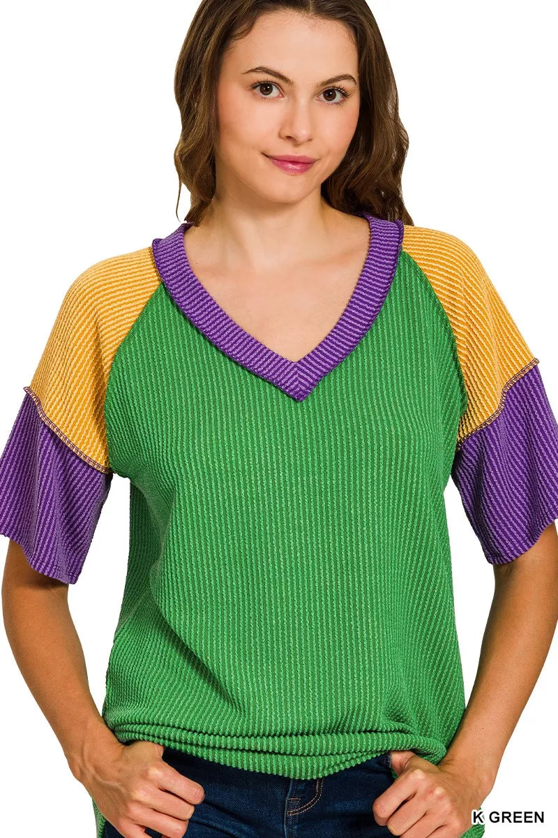 Zenana Mardi Gras Raised Rib Color Block Top