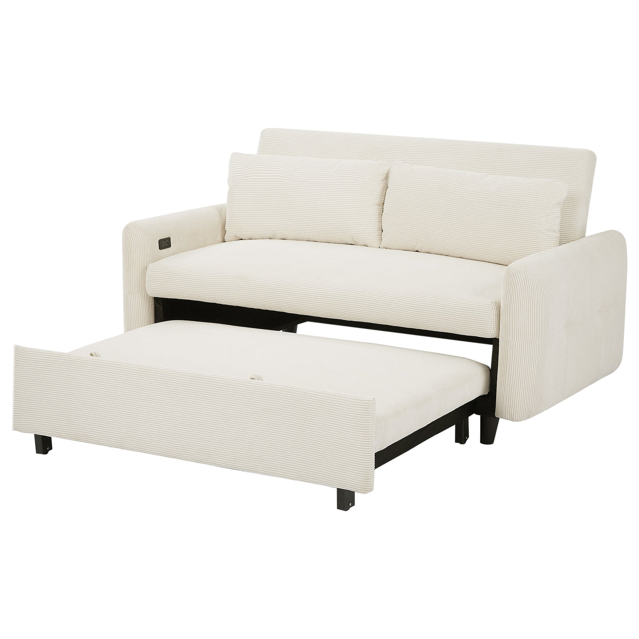 Modern Convertible Pull-out Sofa Bed with USB Ports and Pillows, Beige Corduroy, 57.48 inches