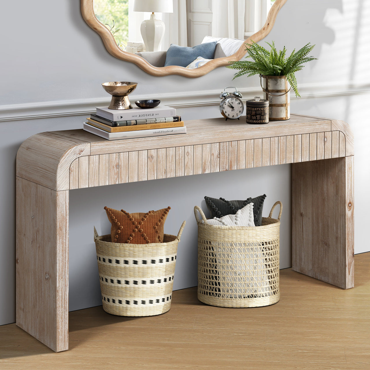 59'' Vintage Crafted Entryway Table,Two Hidden Handle Drawers,Farmhouse Console Table ,Easy Assembly,for Entrance & Dinning Room & Living Room & Hallway (Natural Wood)