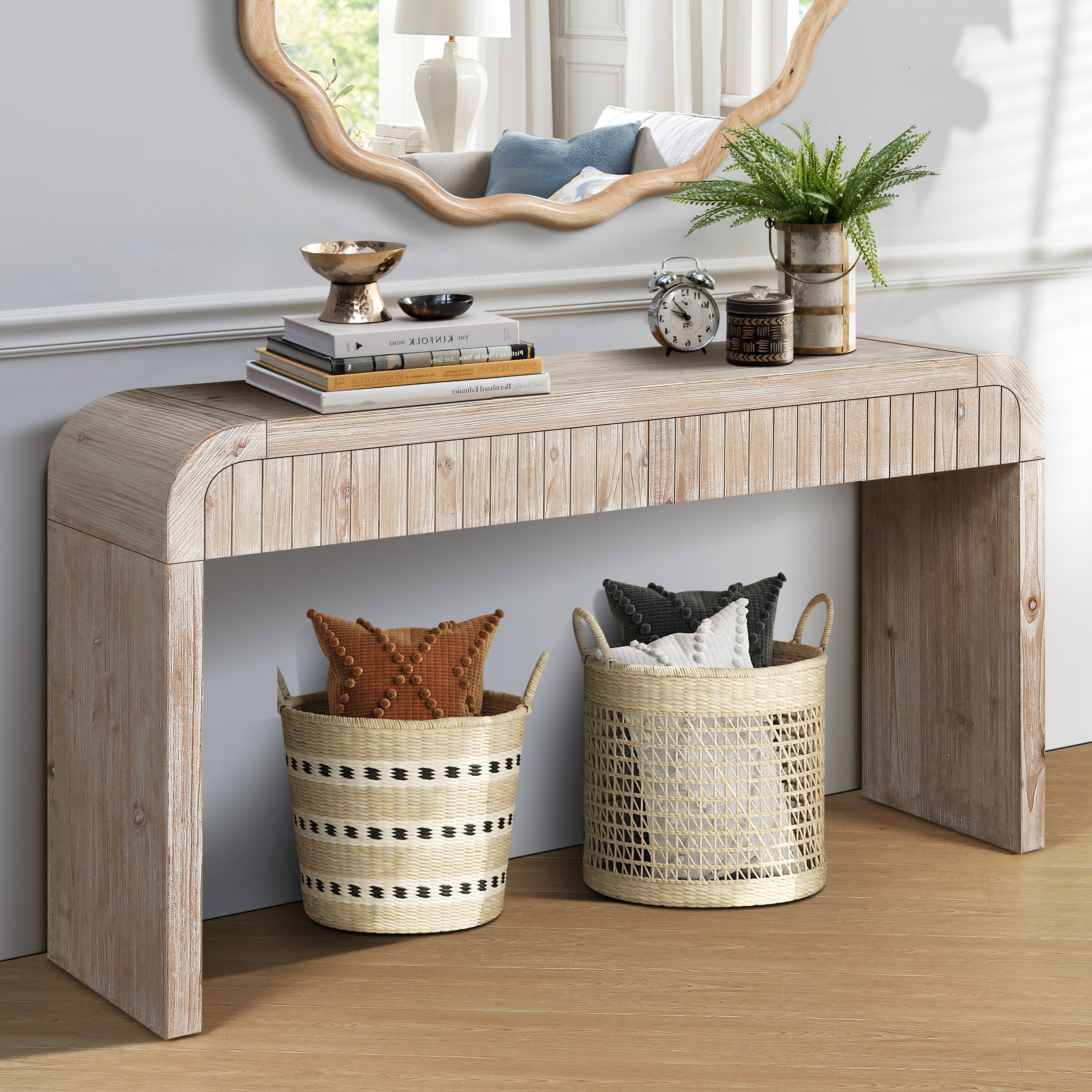 59'' Vintage Crafted Entryway Table,Two Hidden Handle Drawers,Farmhouse Console Table ,Easy Assembly,for Entrance & Dinning Room & Living Room & Hallway (Natural Wood)