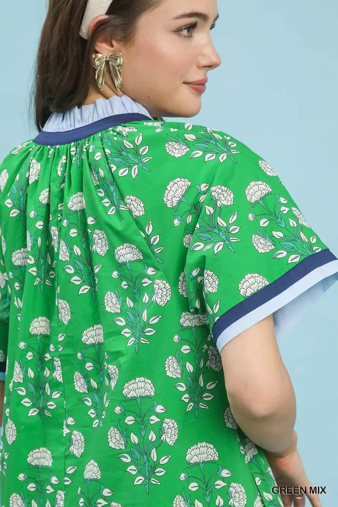 Umgee Printed Split Neck Short Sleeve Shift Dress
