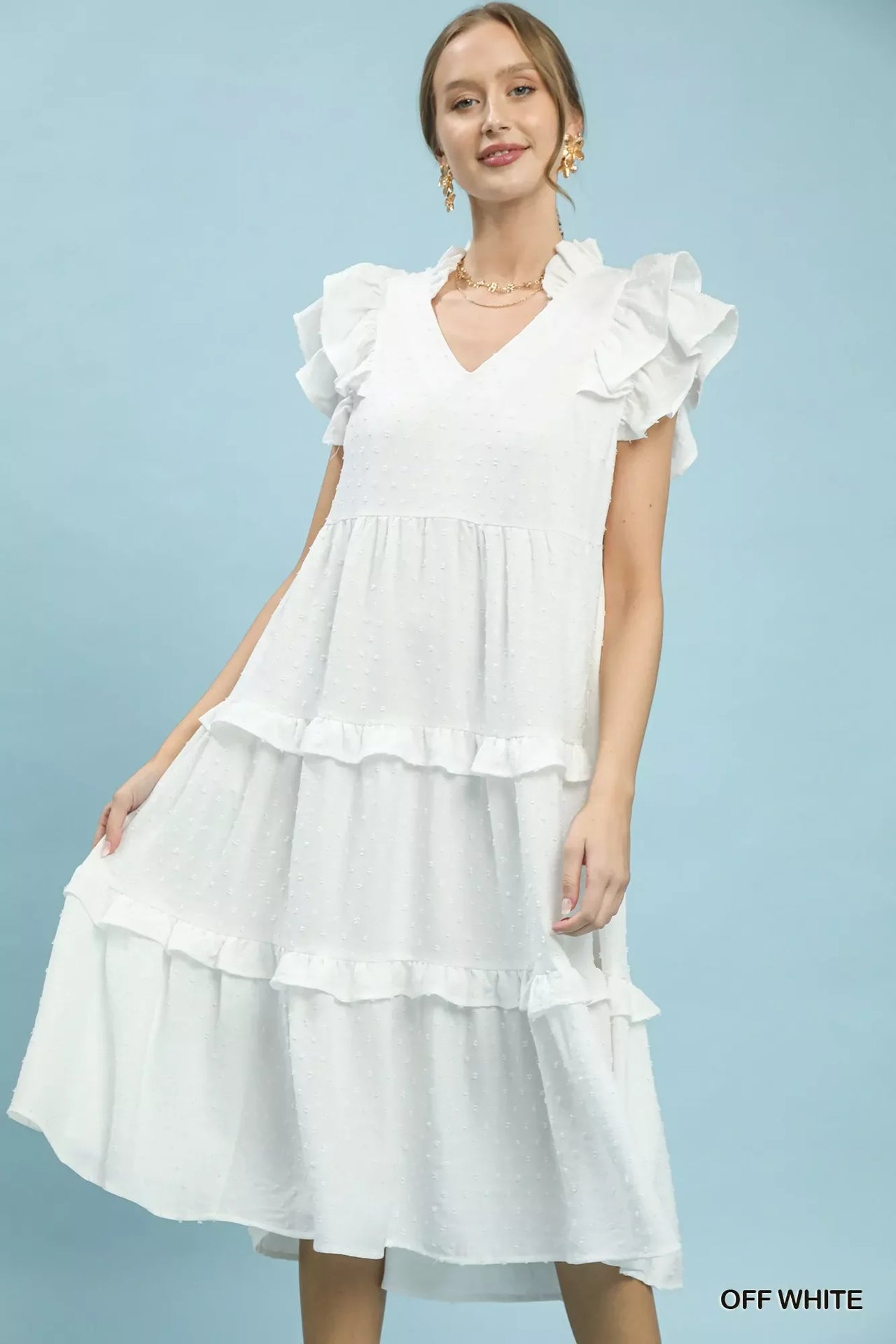 Umgee Textured Ruffle Sleeve Tiered Midi Dress