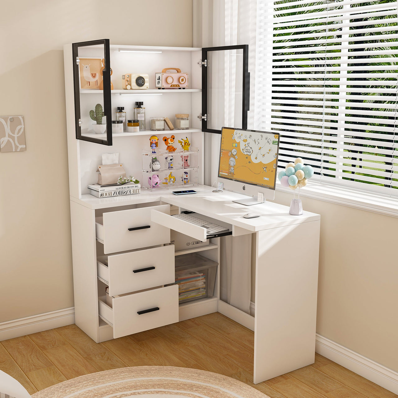 White L-Shaped Computer Desk with Glass Cabinets, Built-In LED Lights, USB Charging Ports, and Keyboard Tray - Ergonomic Office Furniture for Home and Corporate Workspaces