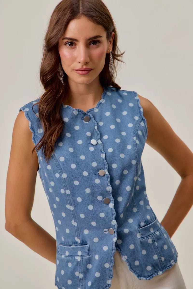 SO ME Polka Dot Denim Scallop Edge Button Down Vest Top