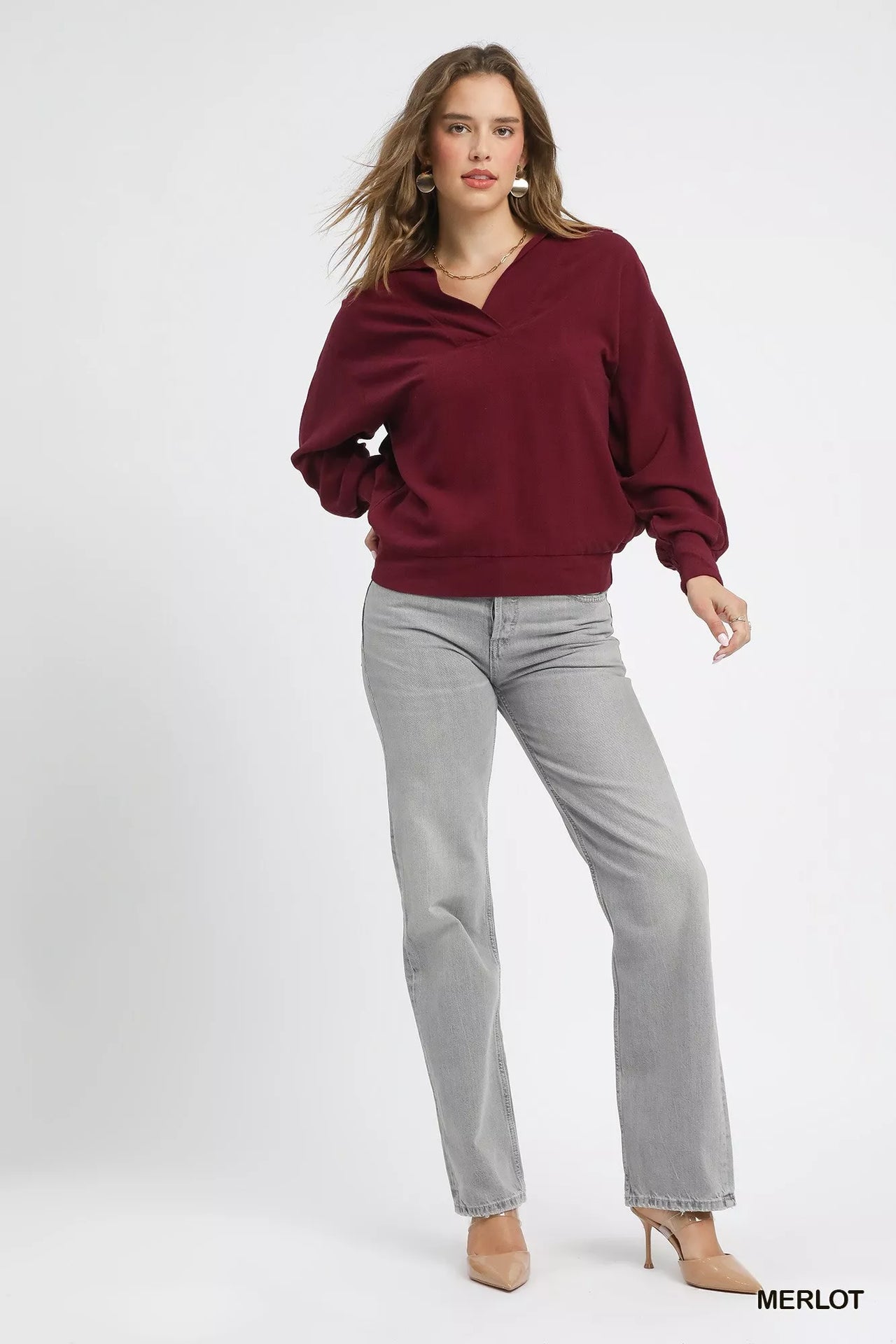 Umgee Linen Long Sleeves Elastic Hem Blouse