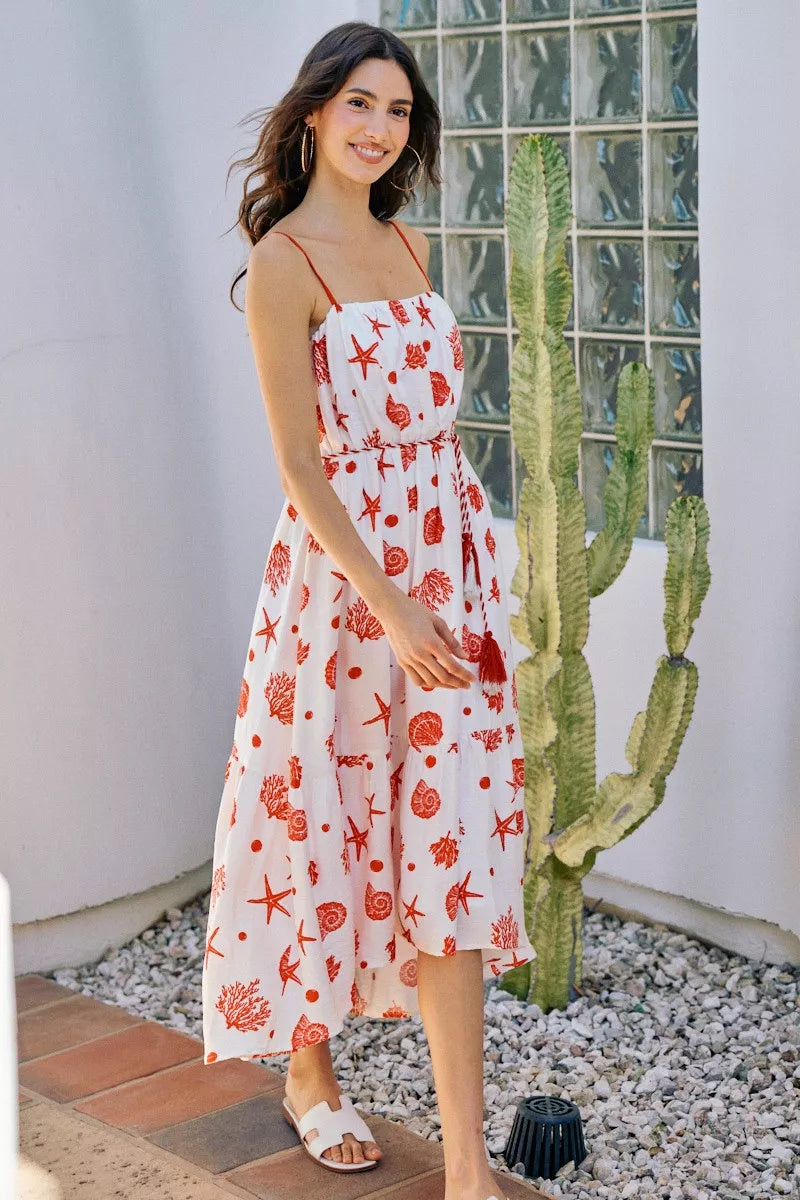 SO ME Shell Print Tiered Lined Midi Cami Dress With Belt