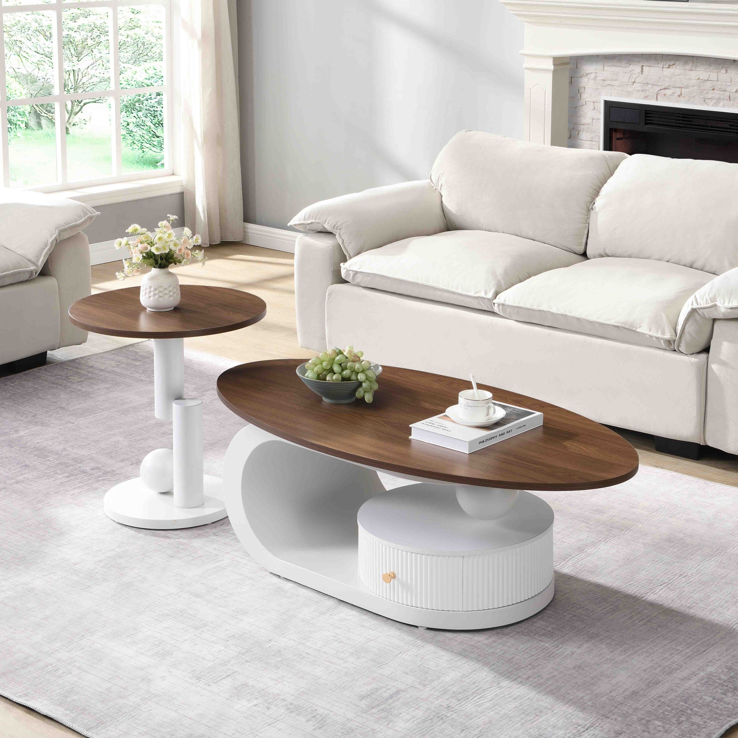 Luxury Nesting Coffee Table Set of 2,  Tables with Storage for Living Room, Oval and Round Table Set, White Center Table, Cocktail Table, Side Table,  Large 47.24'', Small 19.69''