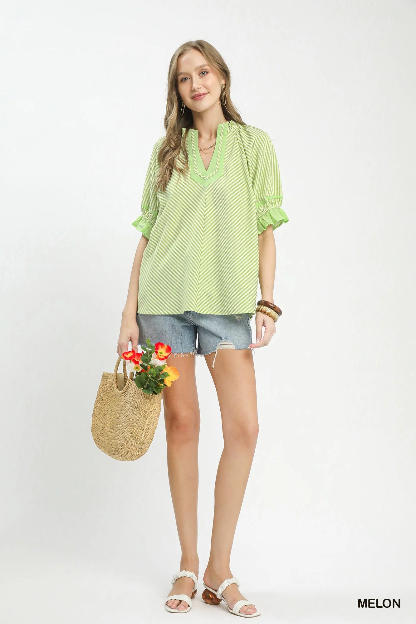 Umgee Stripe Ruffle Sleeve Split-Neck Blouse