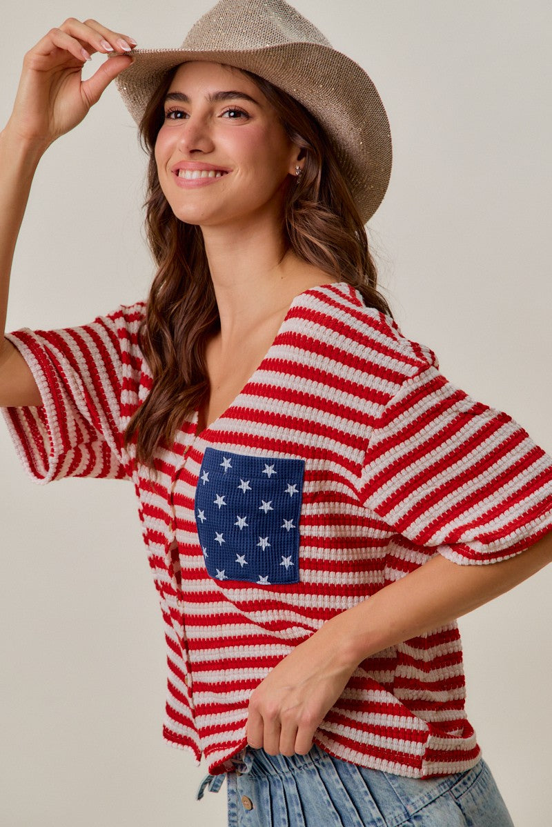SO ME Stripe Waffle Knit Fourth Of July Cardigan Top
