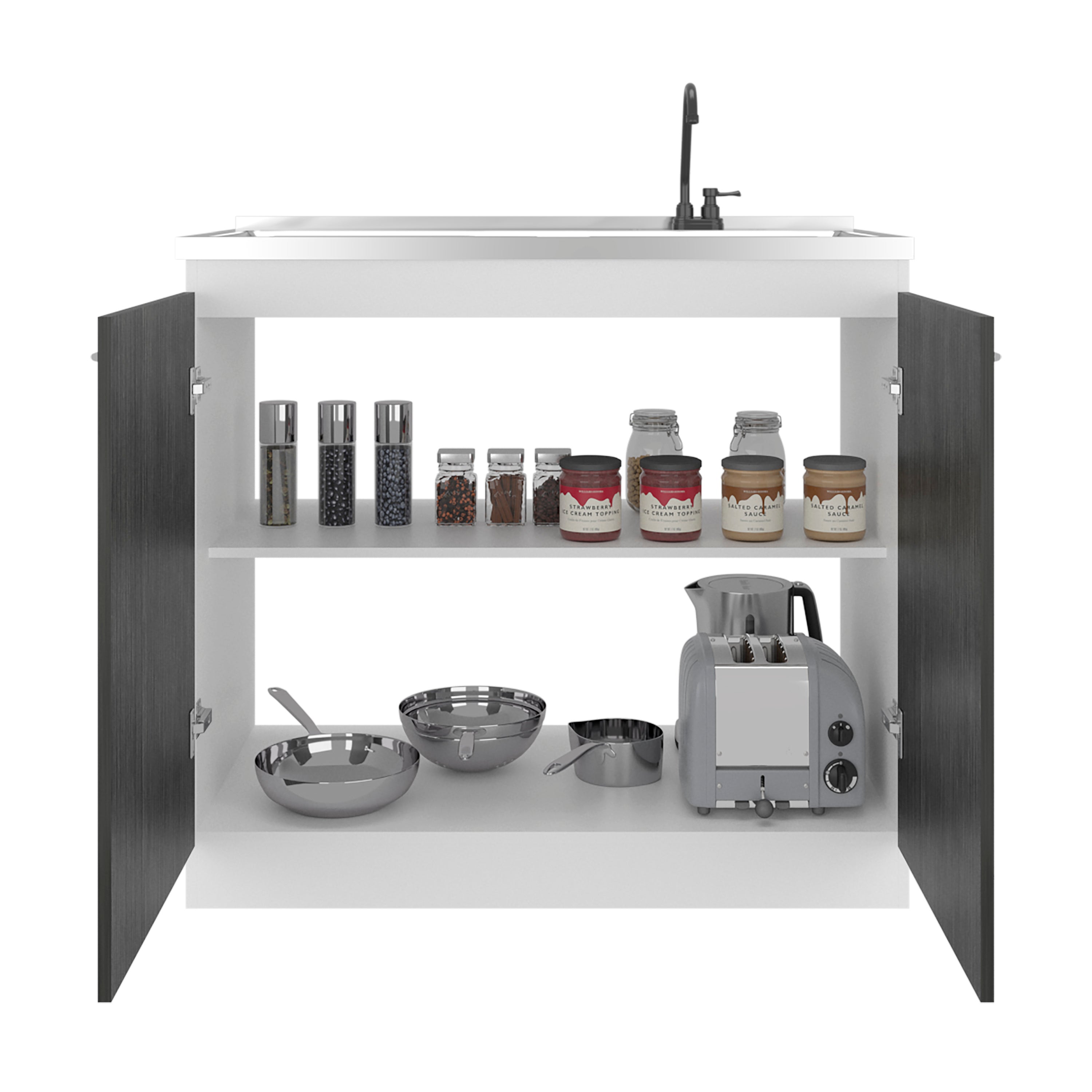 Napoles Utility Sink with Faucet Inclued and Integrated Stainless Steel Counter top, Freestanding cabinet with two doors, Metal Handles and Two interior shelves, Gray+White