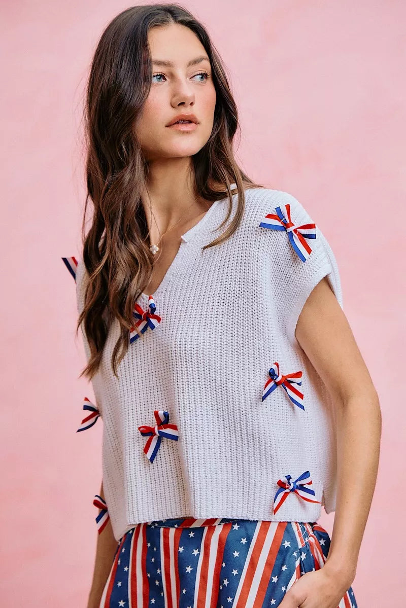 SO ME 4th Of July Ribbon Trimmed Dolman Sweater Top